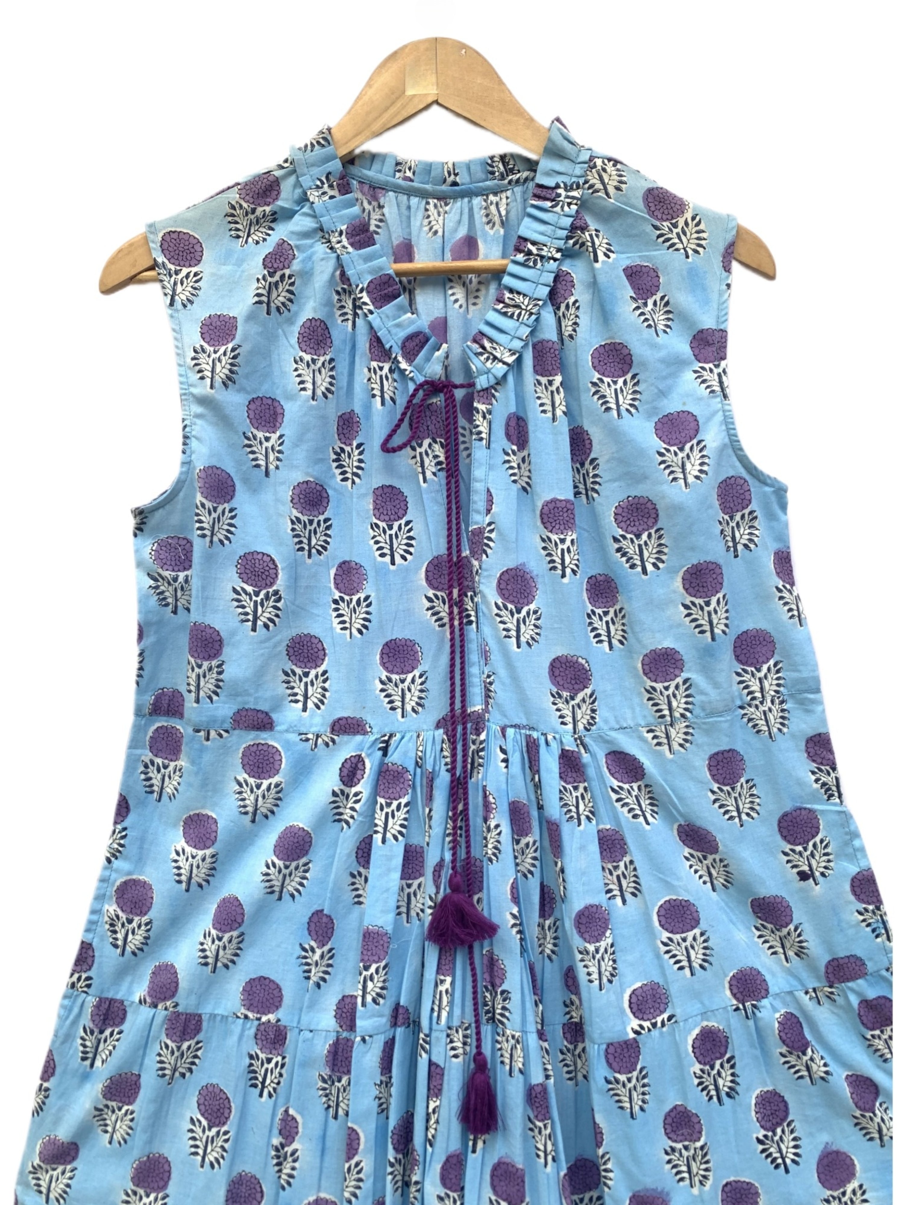 Blue & Purple Floral Hand Block Printed Tiered Mini Dress