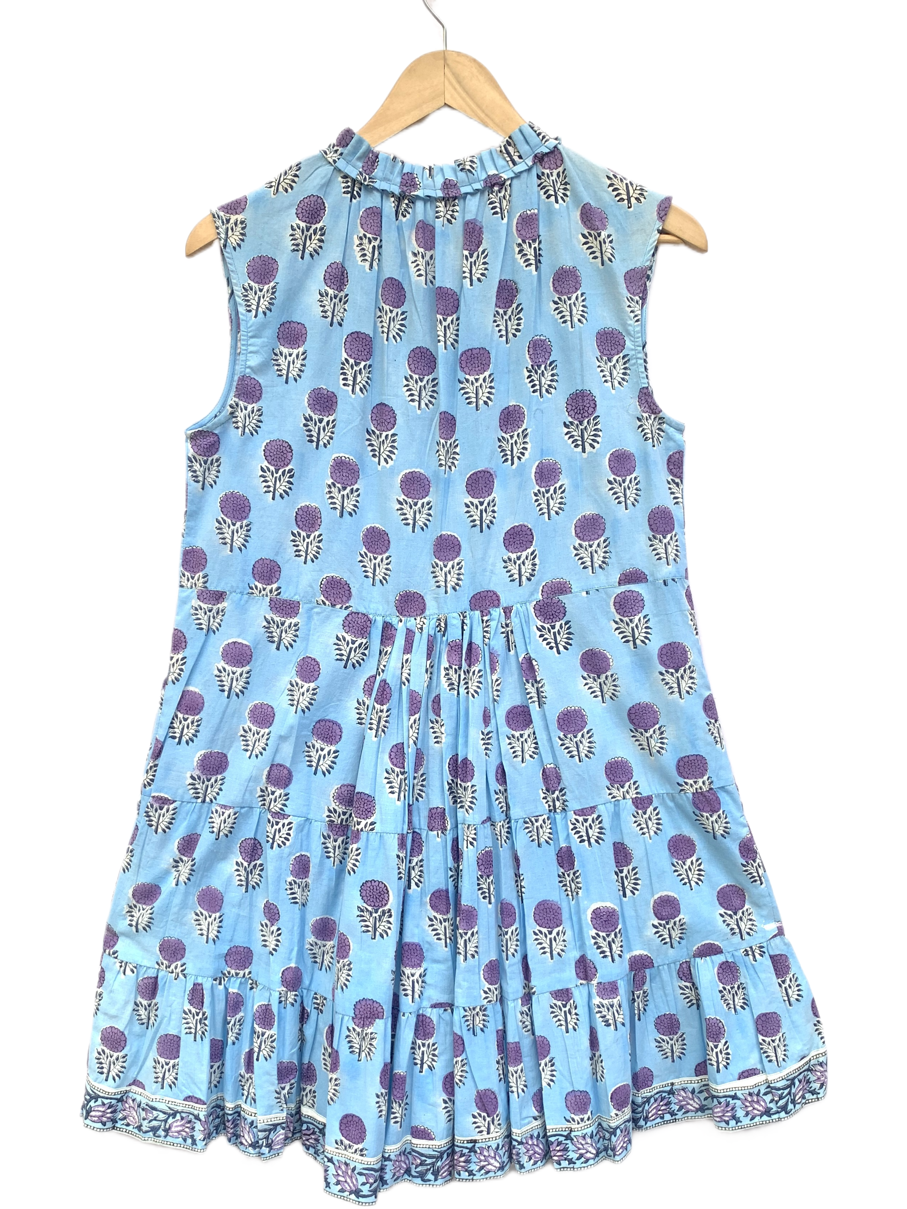Blue & Purple Floral Hand Block Printed Tiered Mini Dress
