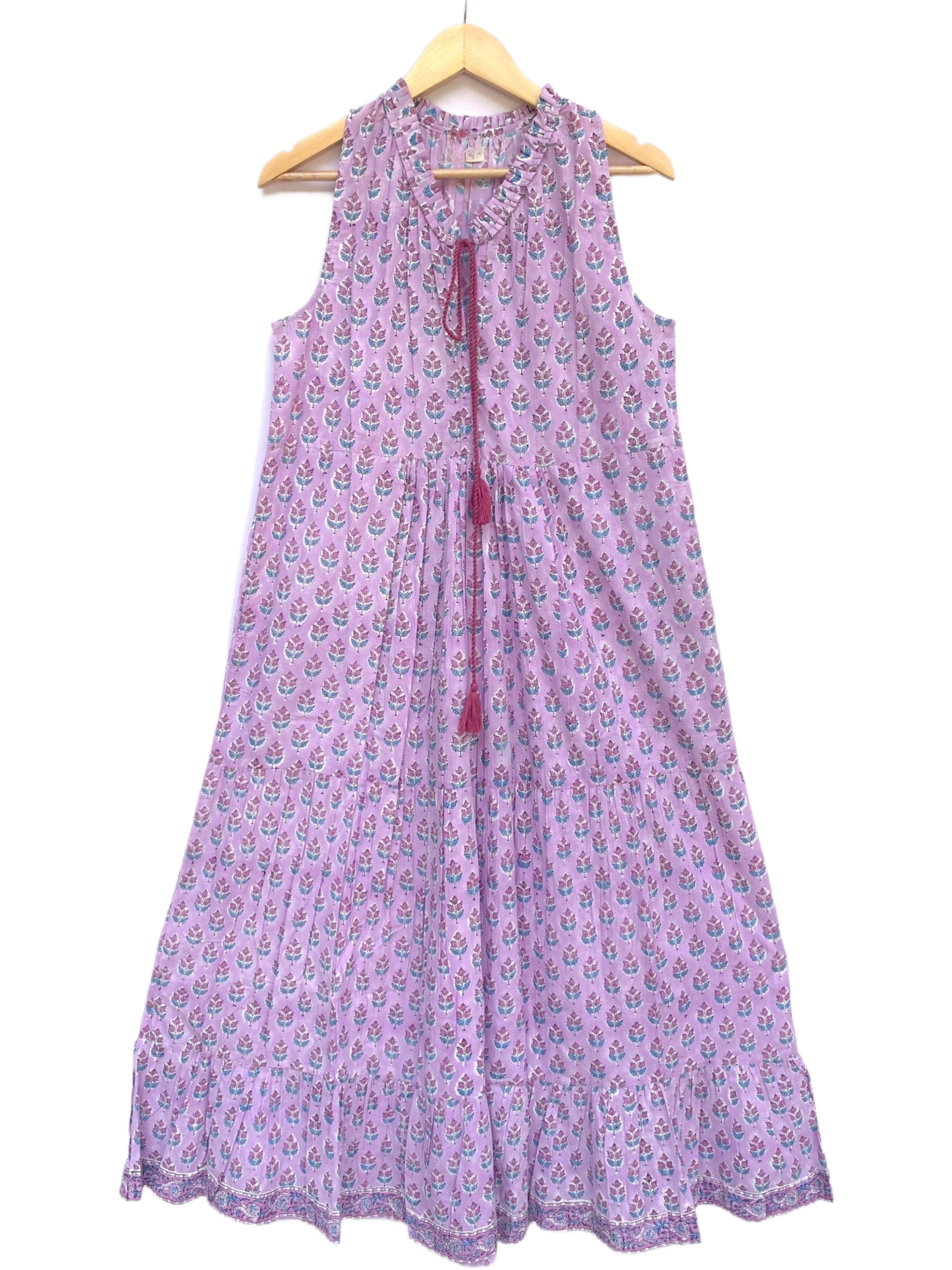 Lavender Floral Hand Block Printed Tiered Maxi Dress