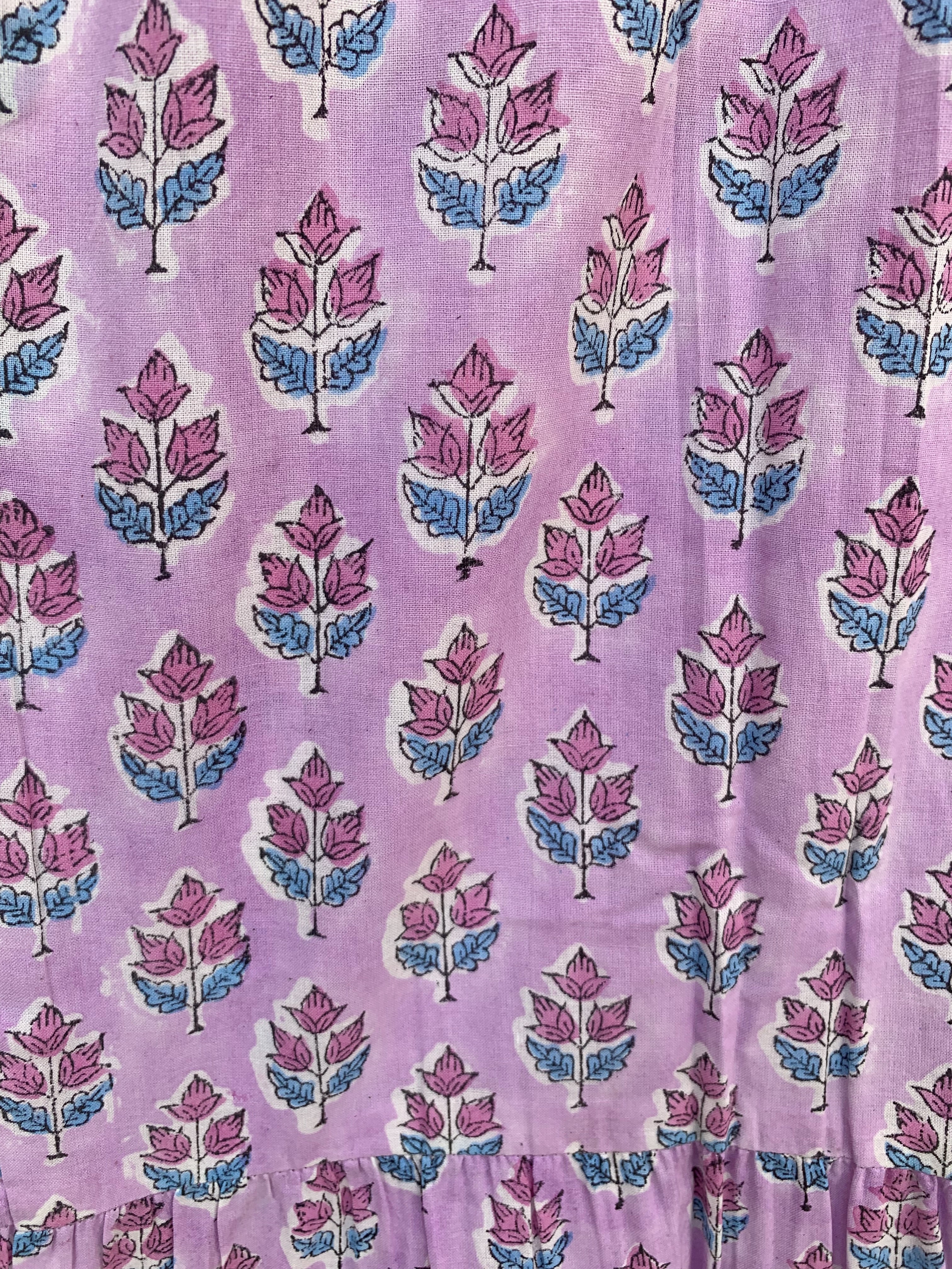 Lavender Floral Hand Block Printed Tiered Maxi Dress