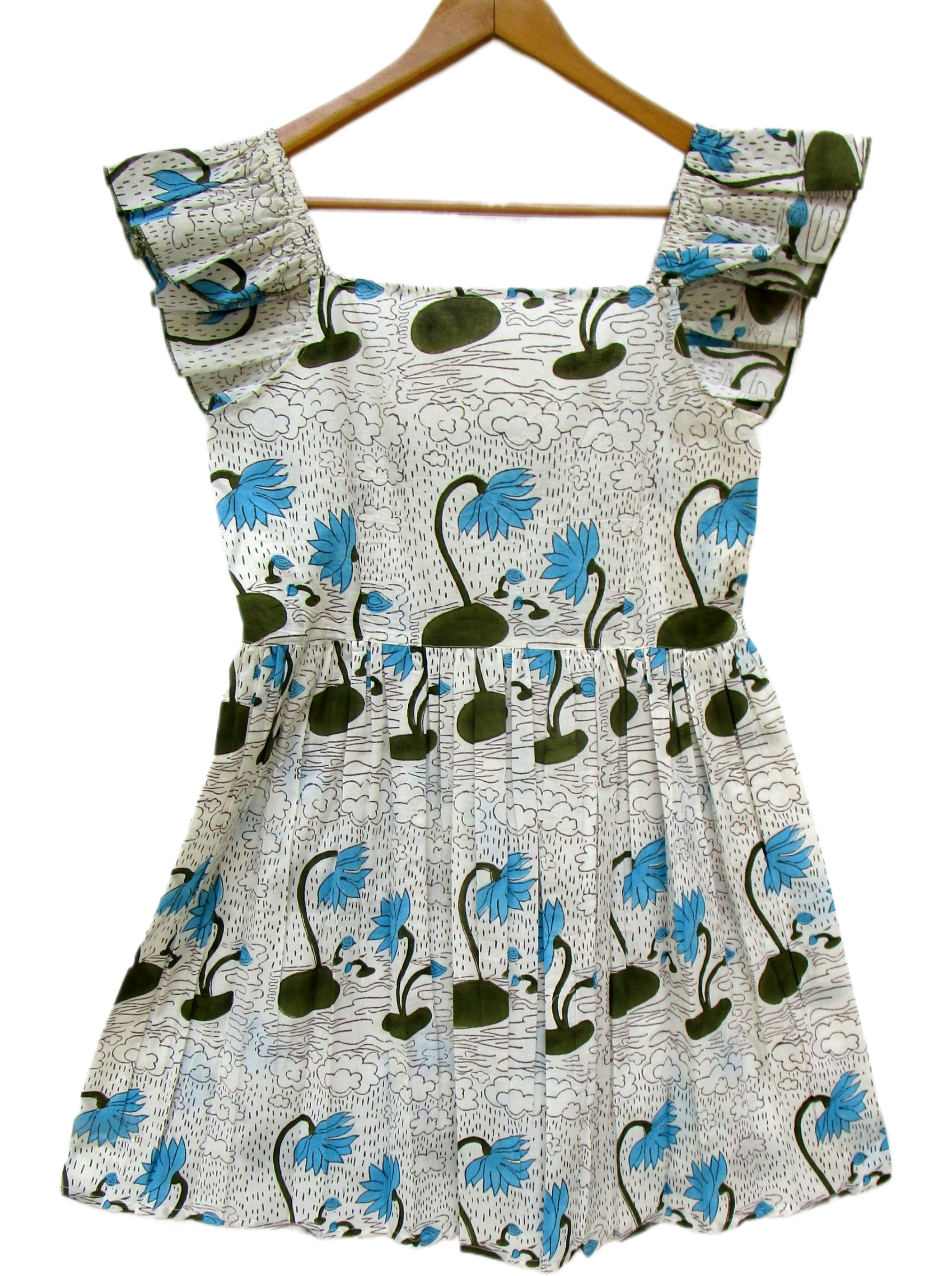 Indigo Blue Floral Hand Block Women's Tiered Mini Dress