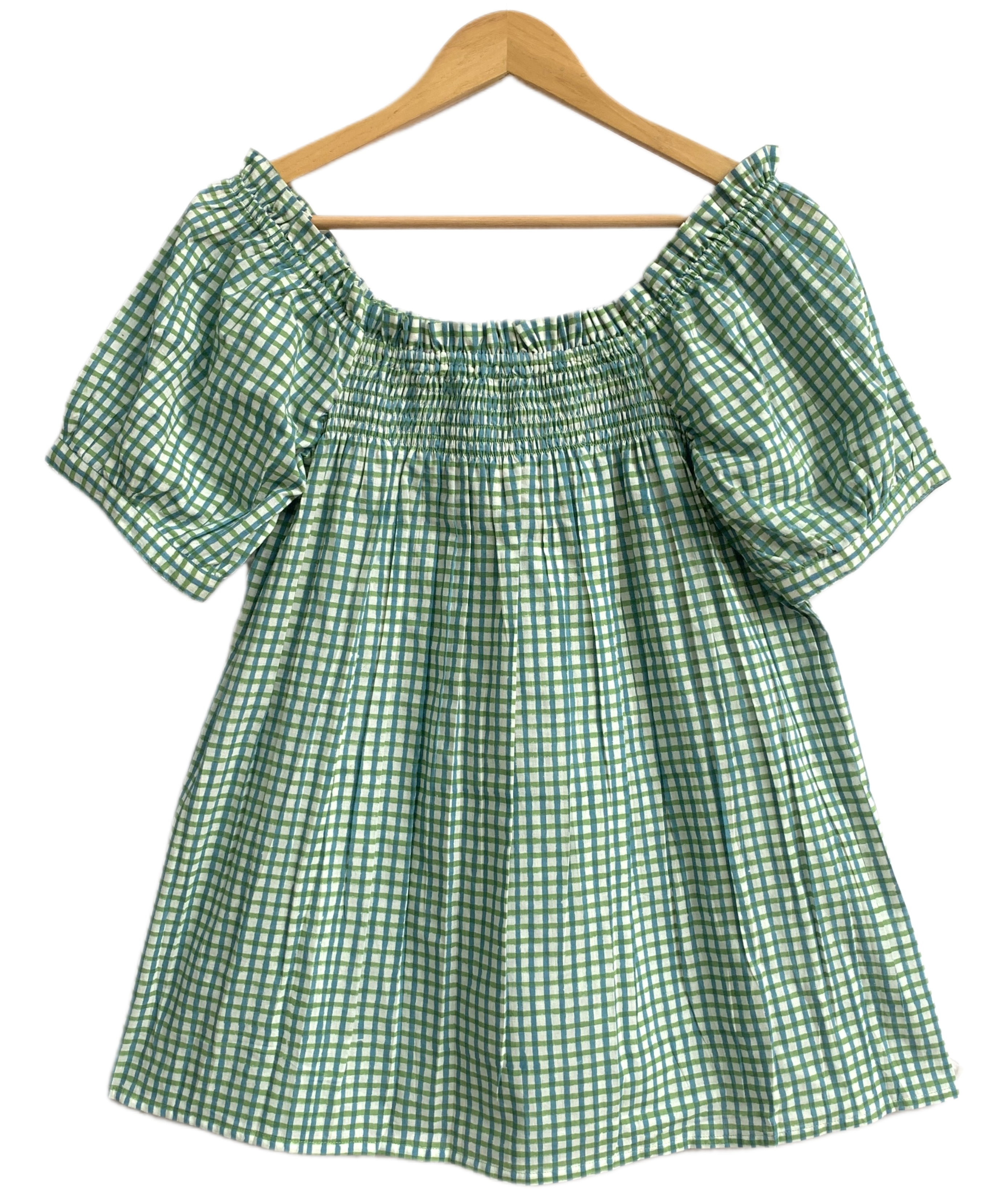 Green Gingham Cotton Sleep Set - Puff Sleeve Top & Lounge Shorts
