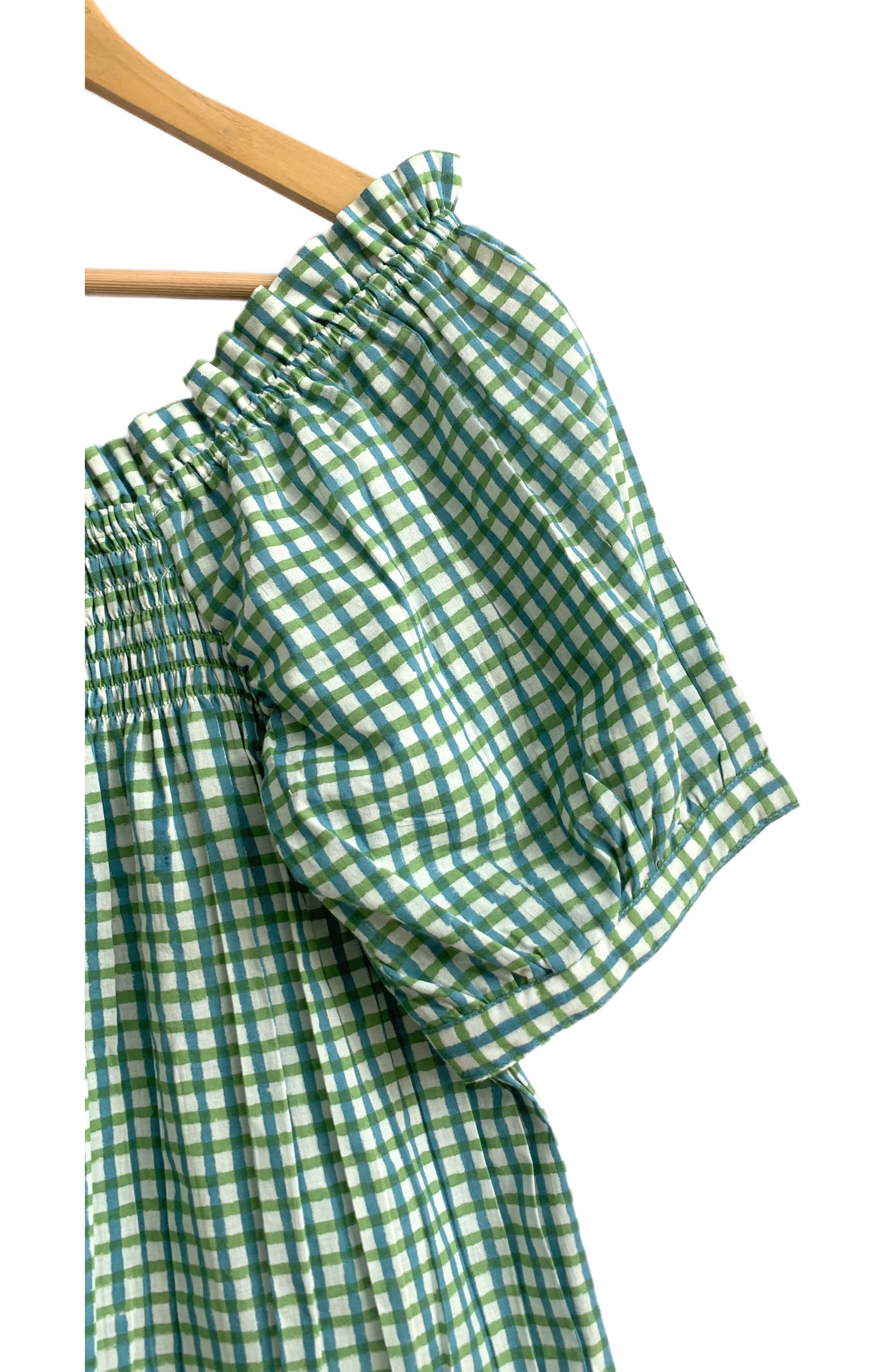 Green Gingham Cotton Sleep Set - Puff Sleeve Top & Lounge Shorts