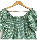 Green Gingham Cotton Sleep Set - Puff Sleeve Top & Lounge Shorts
