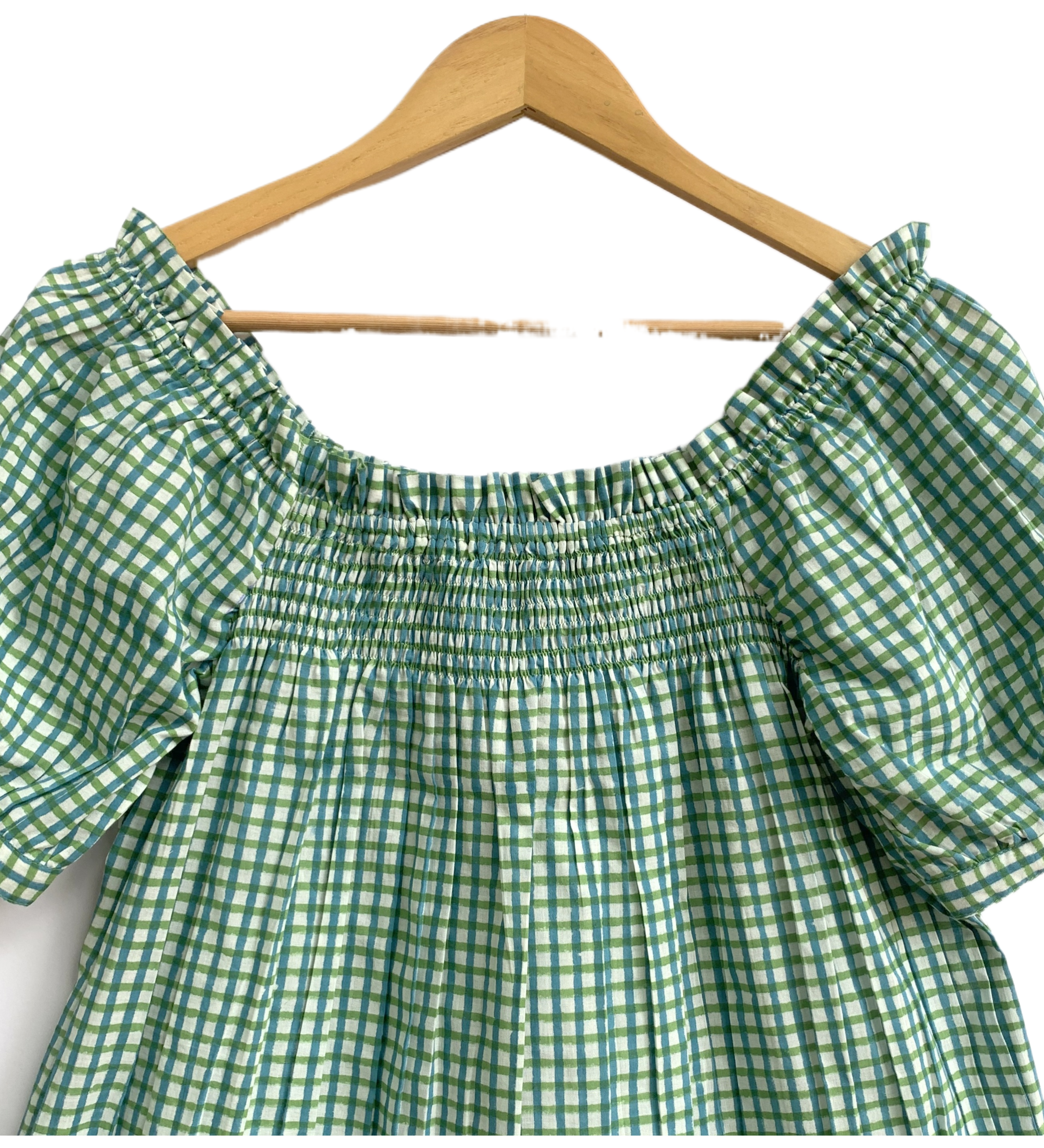Green Gingham Cotton Sleep Set - Puff Sleeve Top & Lounge Shorts