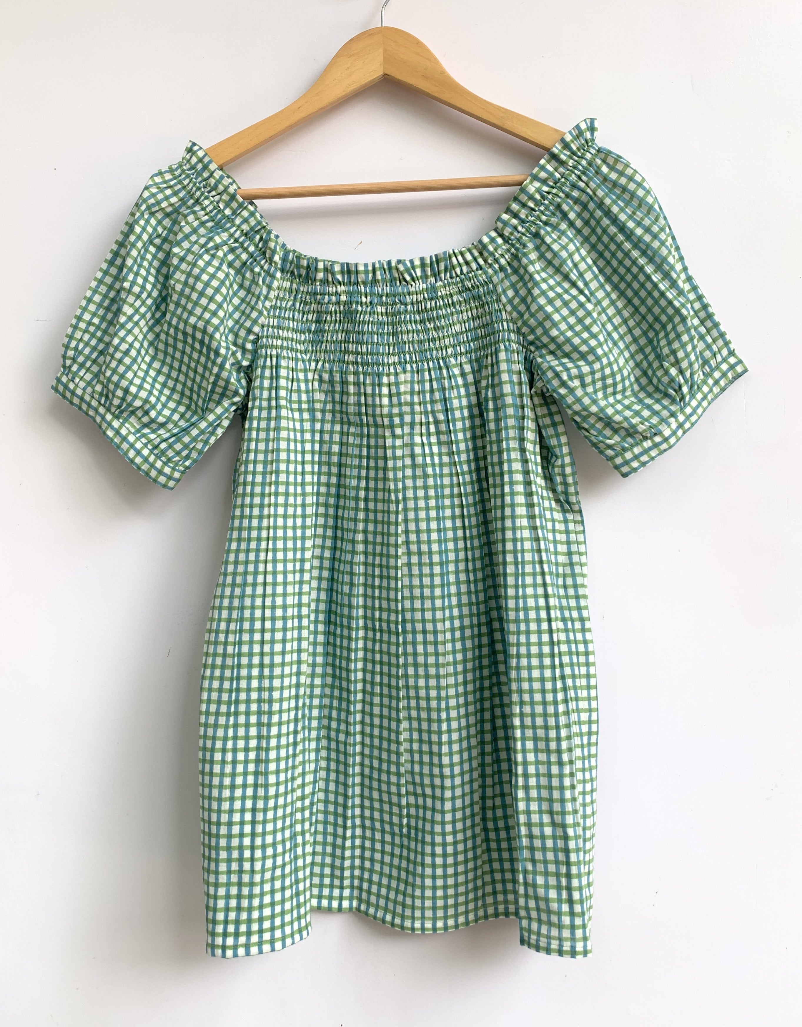 Green Gingham Cotton Sleep Set - Puff Sleeve Top & Lounge Shorts