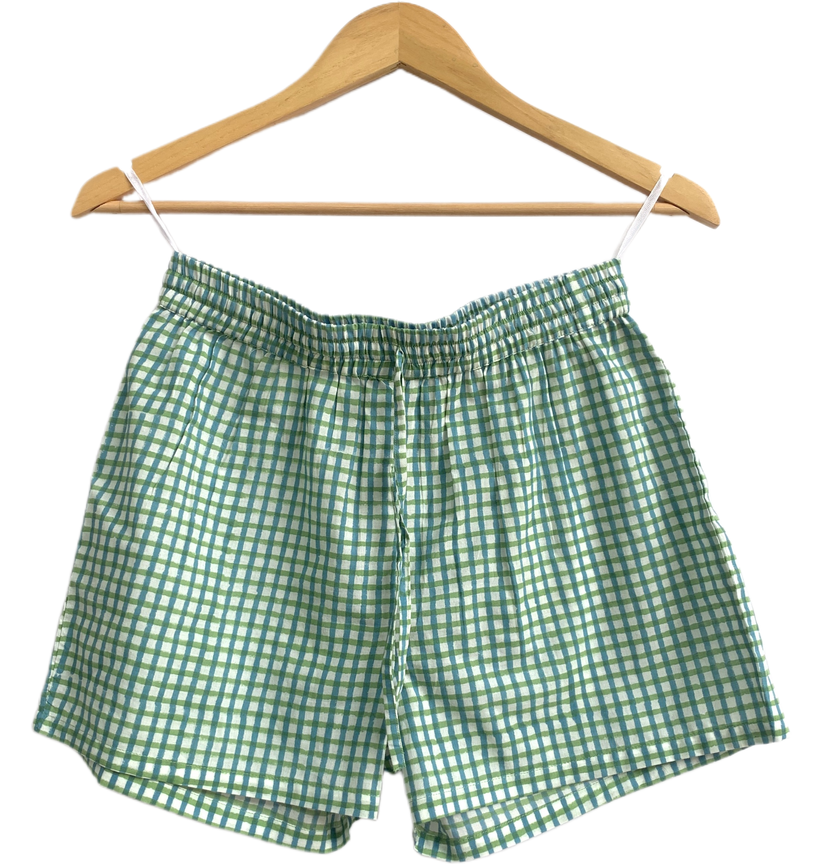 Green Gingham Cotton Sleep Set - Puff Sleeve Top & Lounge Shorts