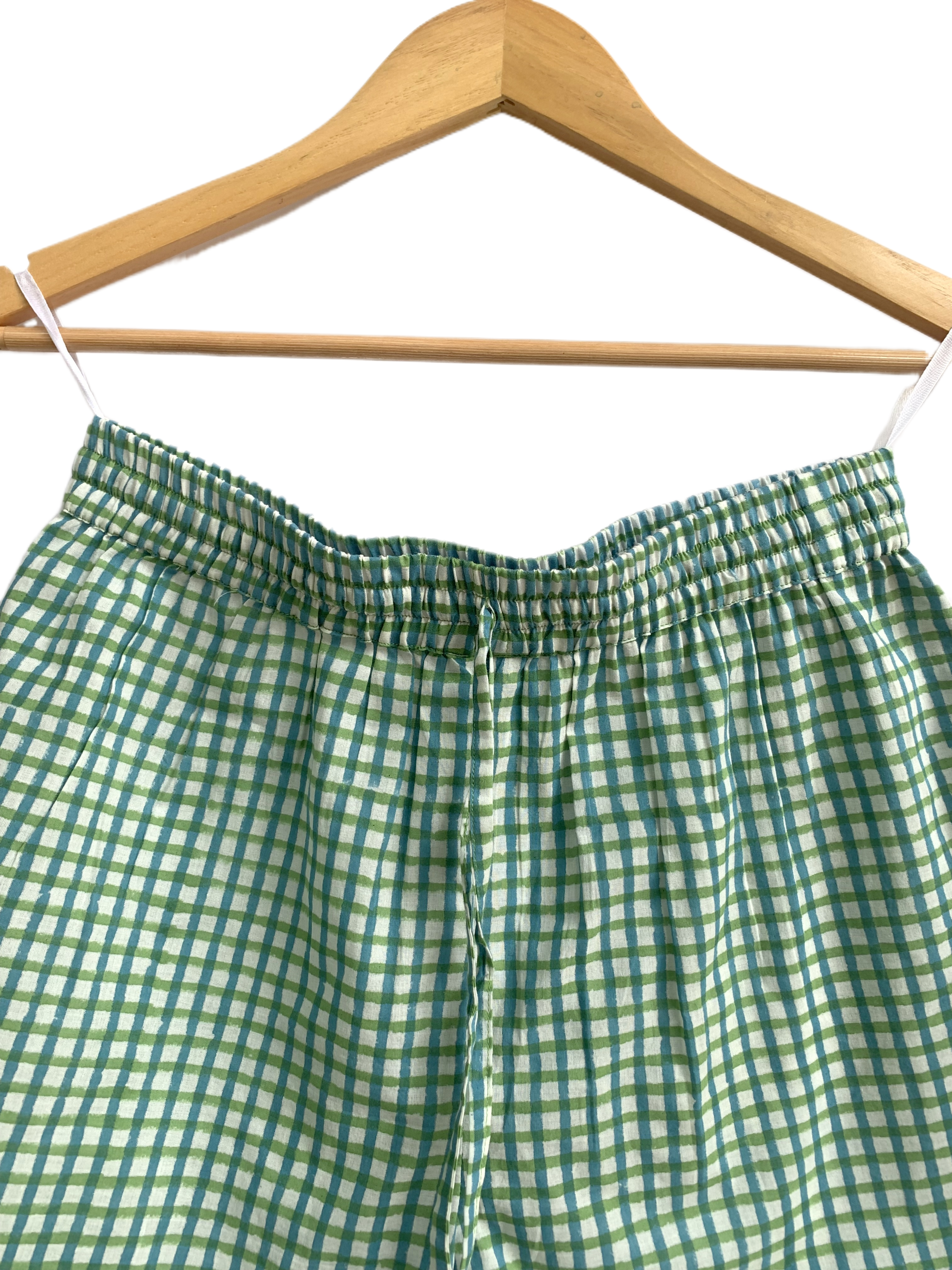 Green Gingham Cotton Sleep Set - Puff Sleeve Top & Lounge Shorts