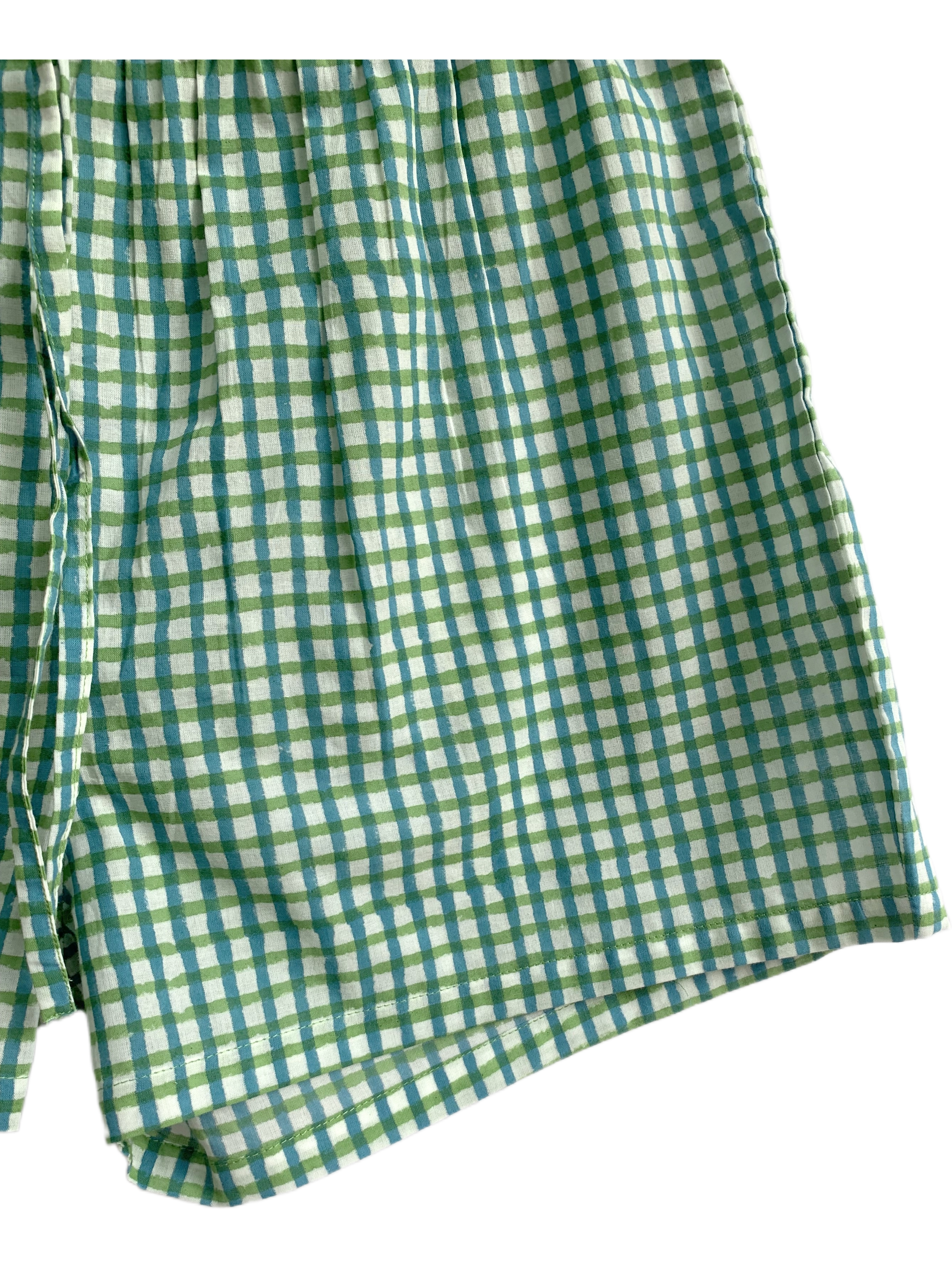 Green Gingham Cotton Sleep Set - Puff Sleeve Top & Lounge Shorts