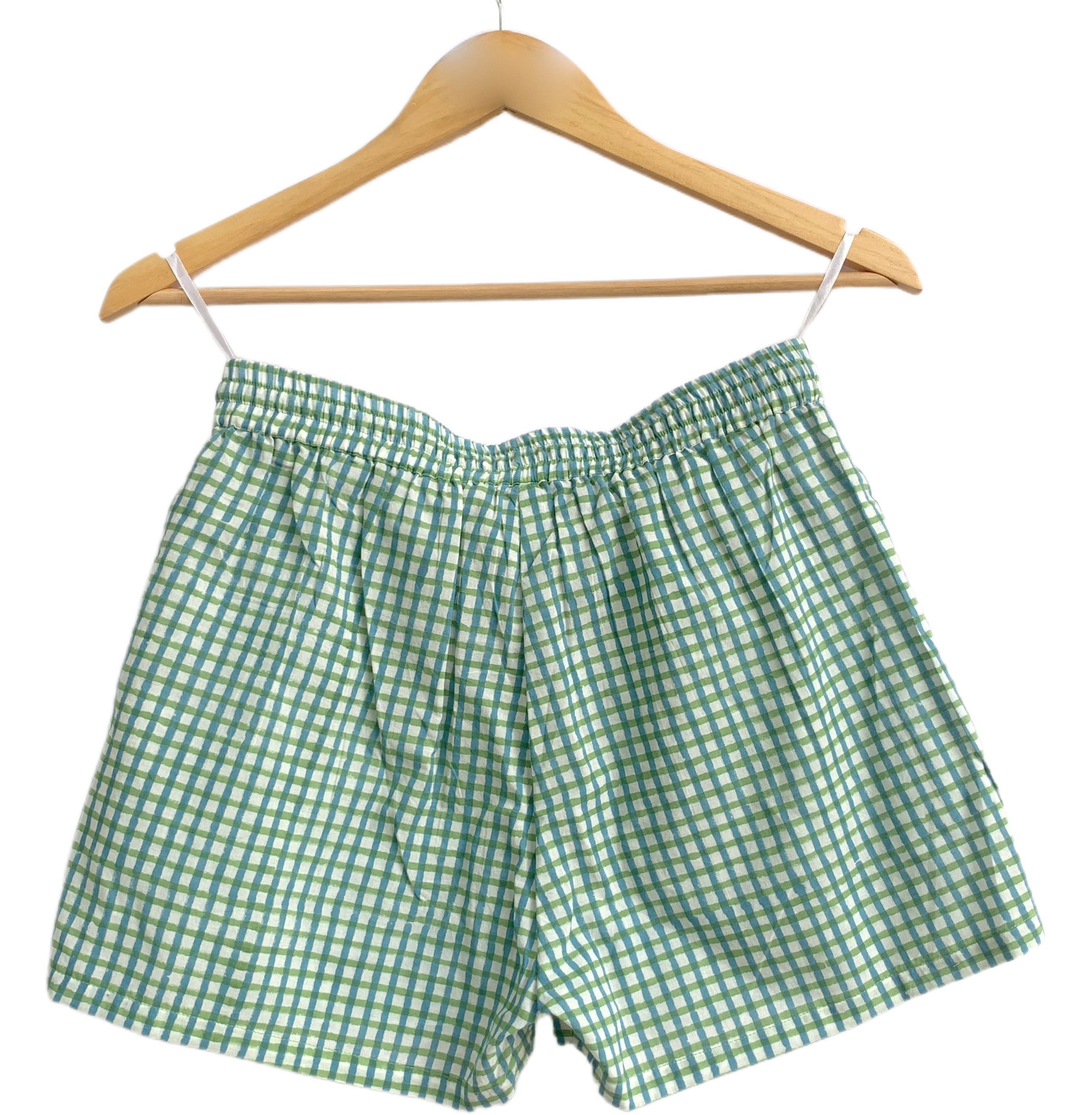 Green Gingham Cotton Sleep Set - Puff Sleeve Top & Lounge Shorts