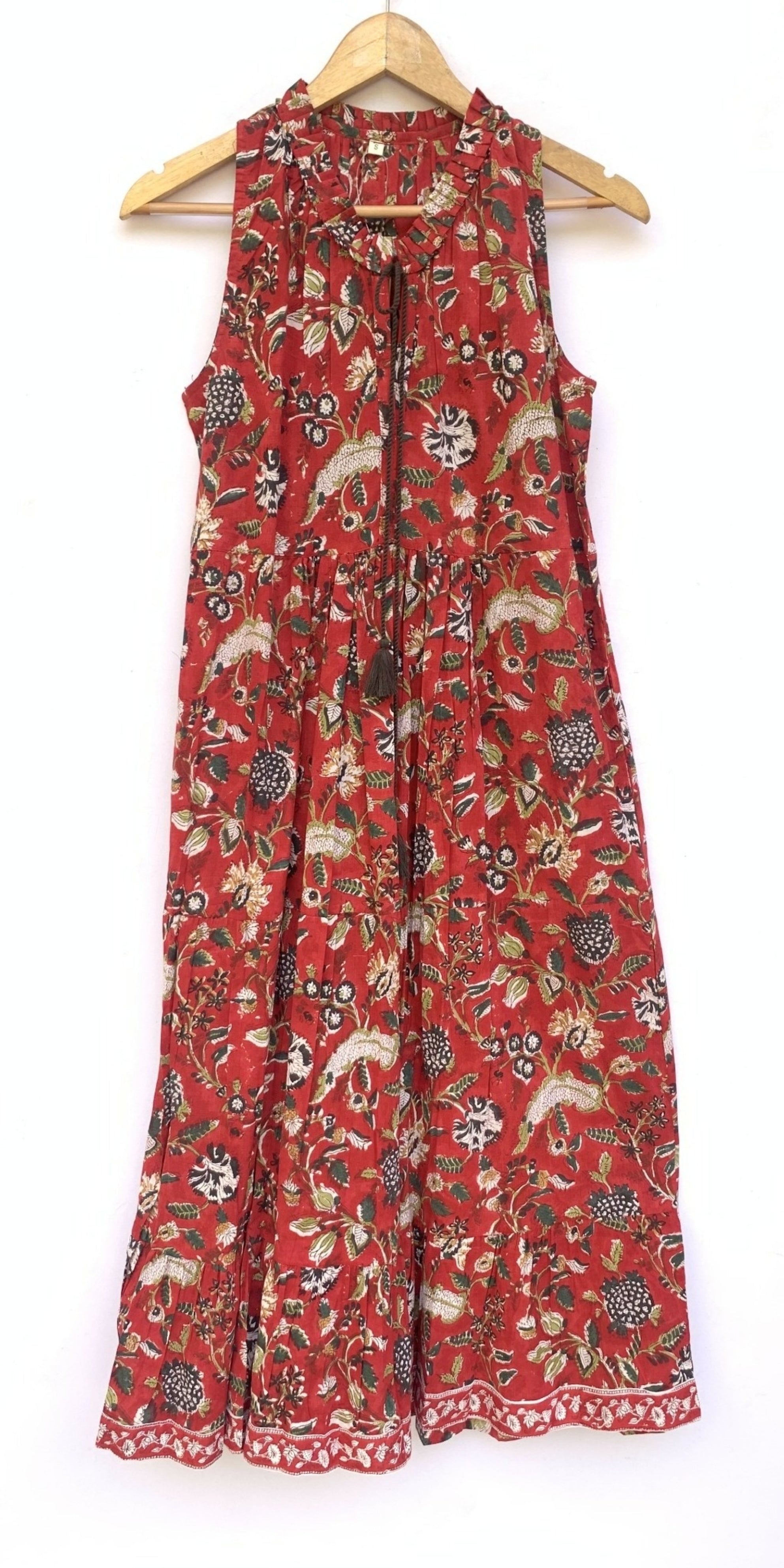 Rimson Floral Hand-Block Cotton Dress with Ruffled Hem
