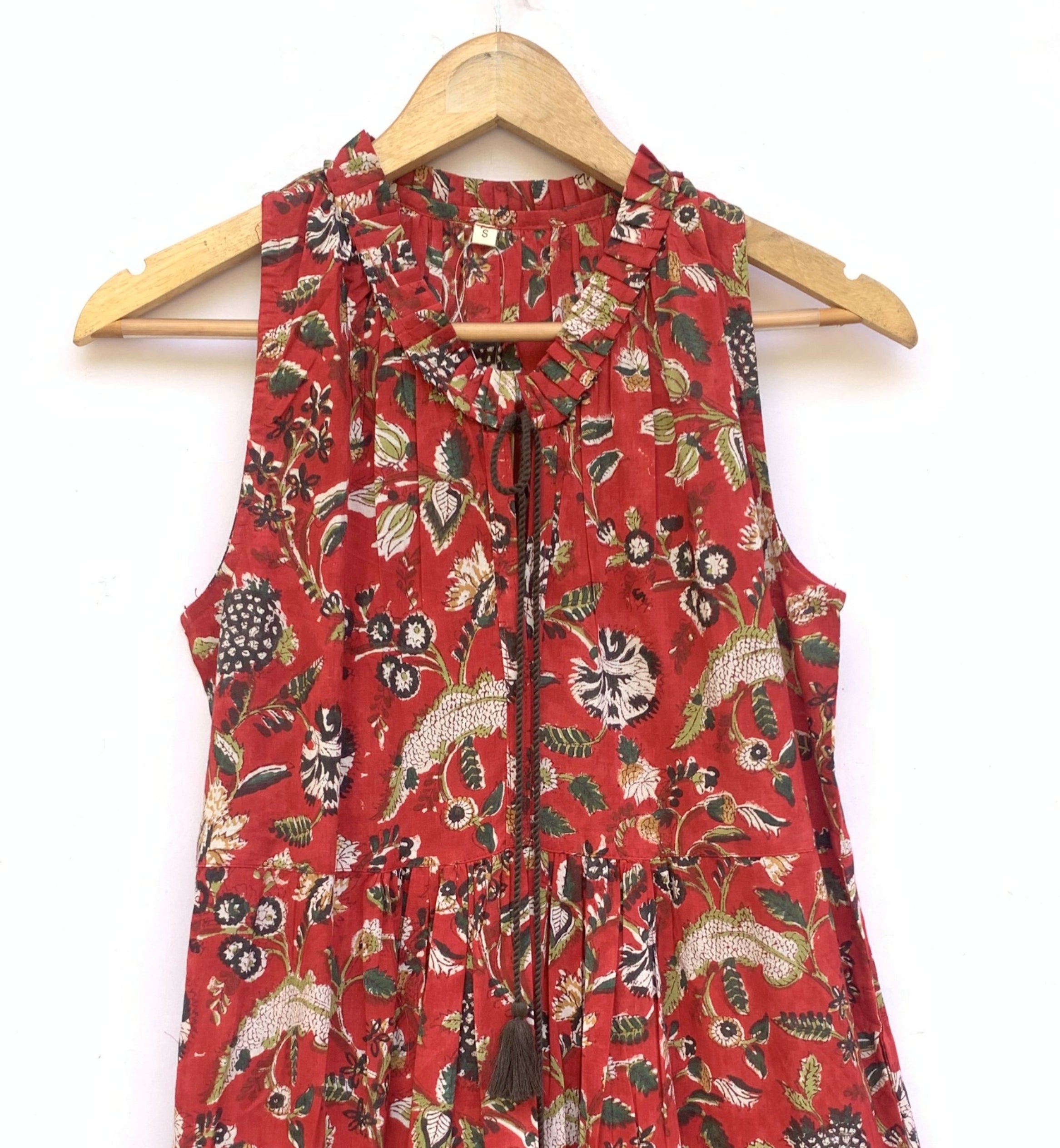 Rimson Floral Hand-Block Cotton Dress with Ruffled Hem