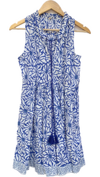 Artisanal Blue Floral Hand Block Stamped Cotton Mini Dress