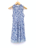 Artisanal Blue Floral Hand Block Stamped Cotton Mini Dress