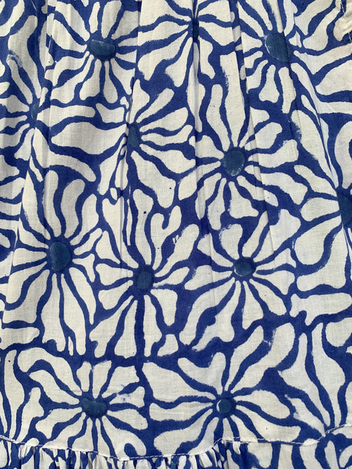 Artisanal Blue Floral Hand Block Stamped Cotton Mini Dress