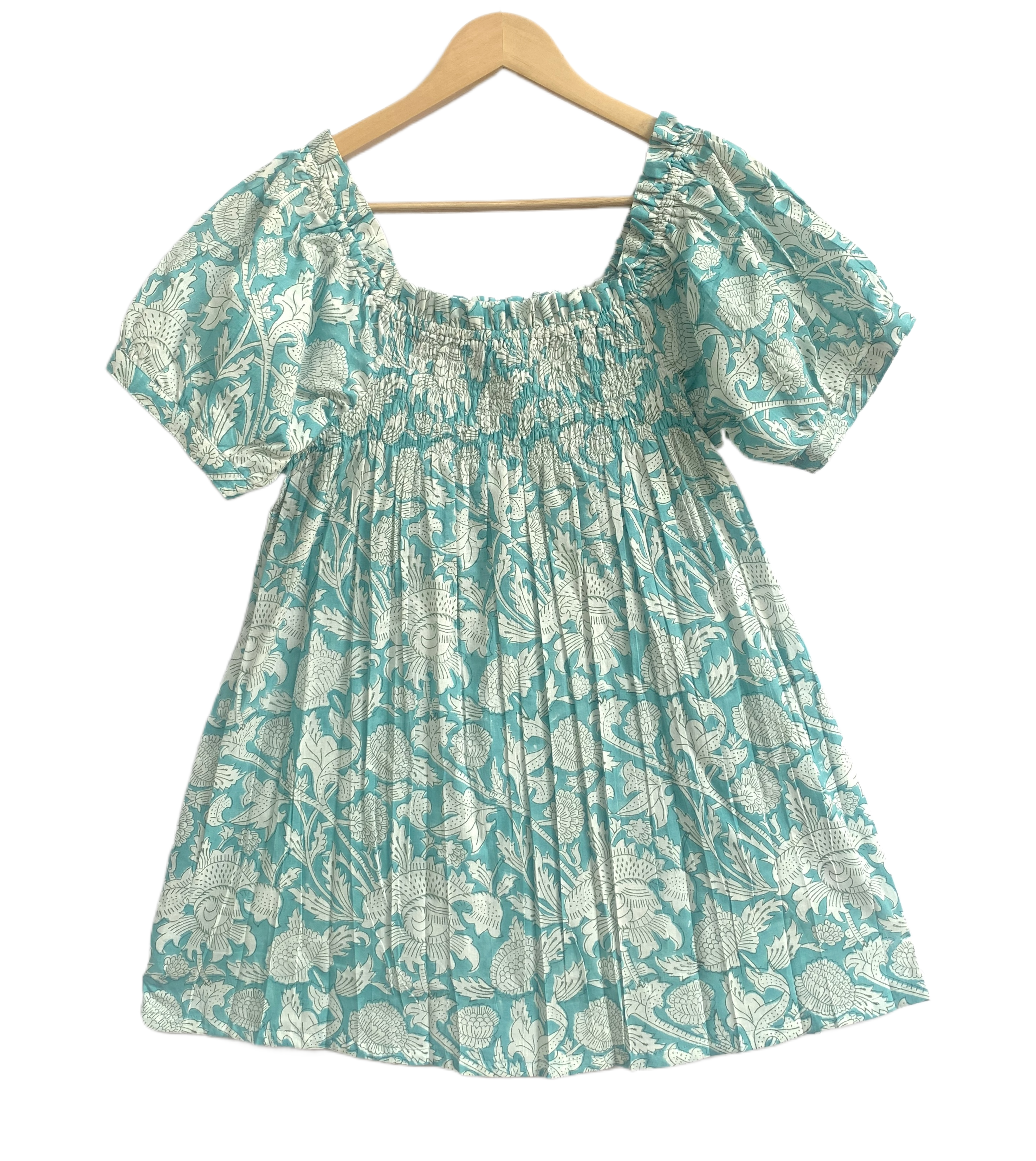 Blue Floral Cotton Short Set - Smocked Puff Sleeve Top & Pajama Shorts