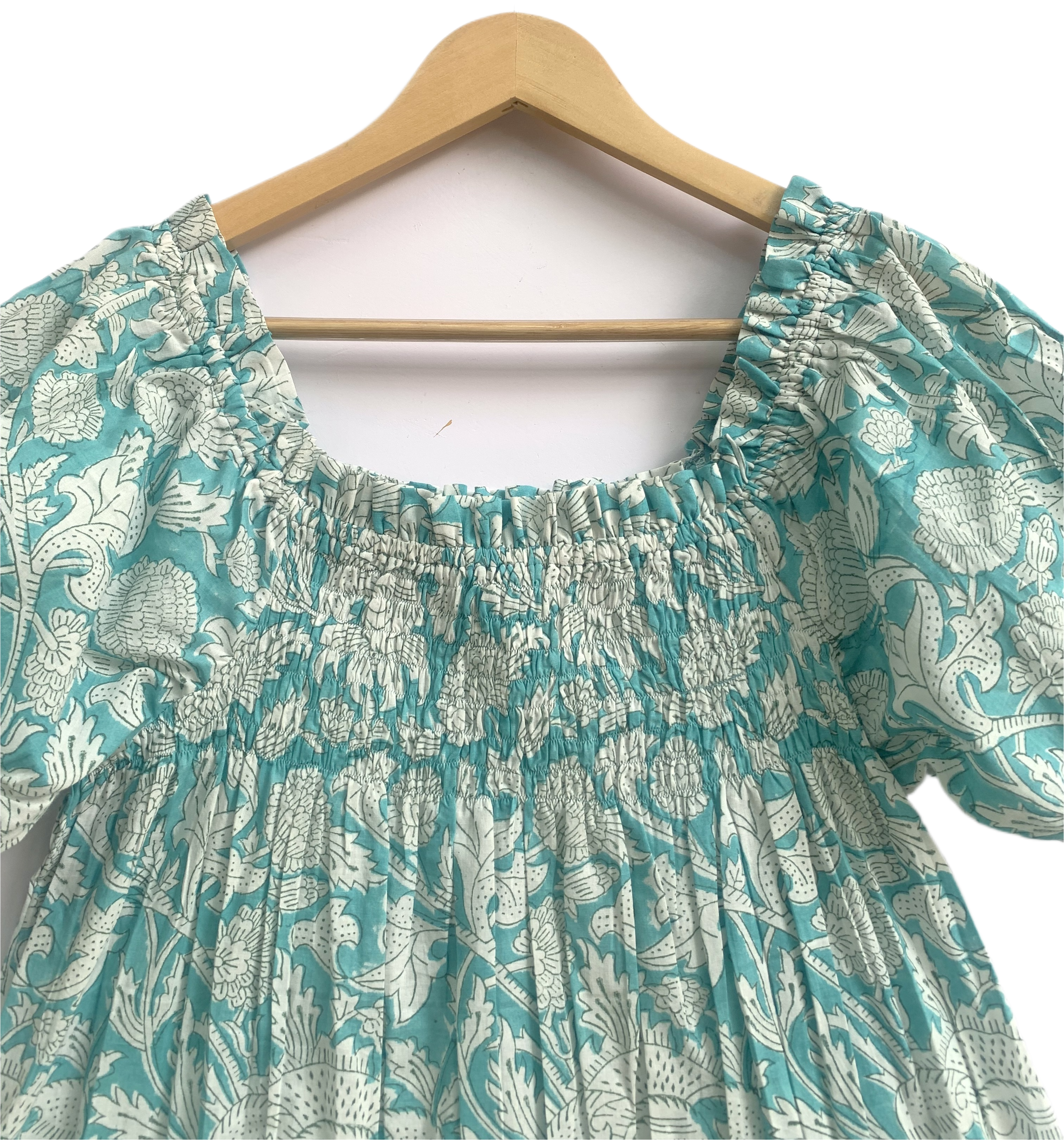 Blue Floral Cotton Short Set - Smocked Puff Sleeve Top & Pajama Shorts