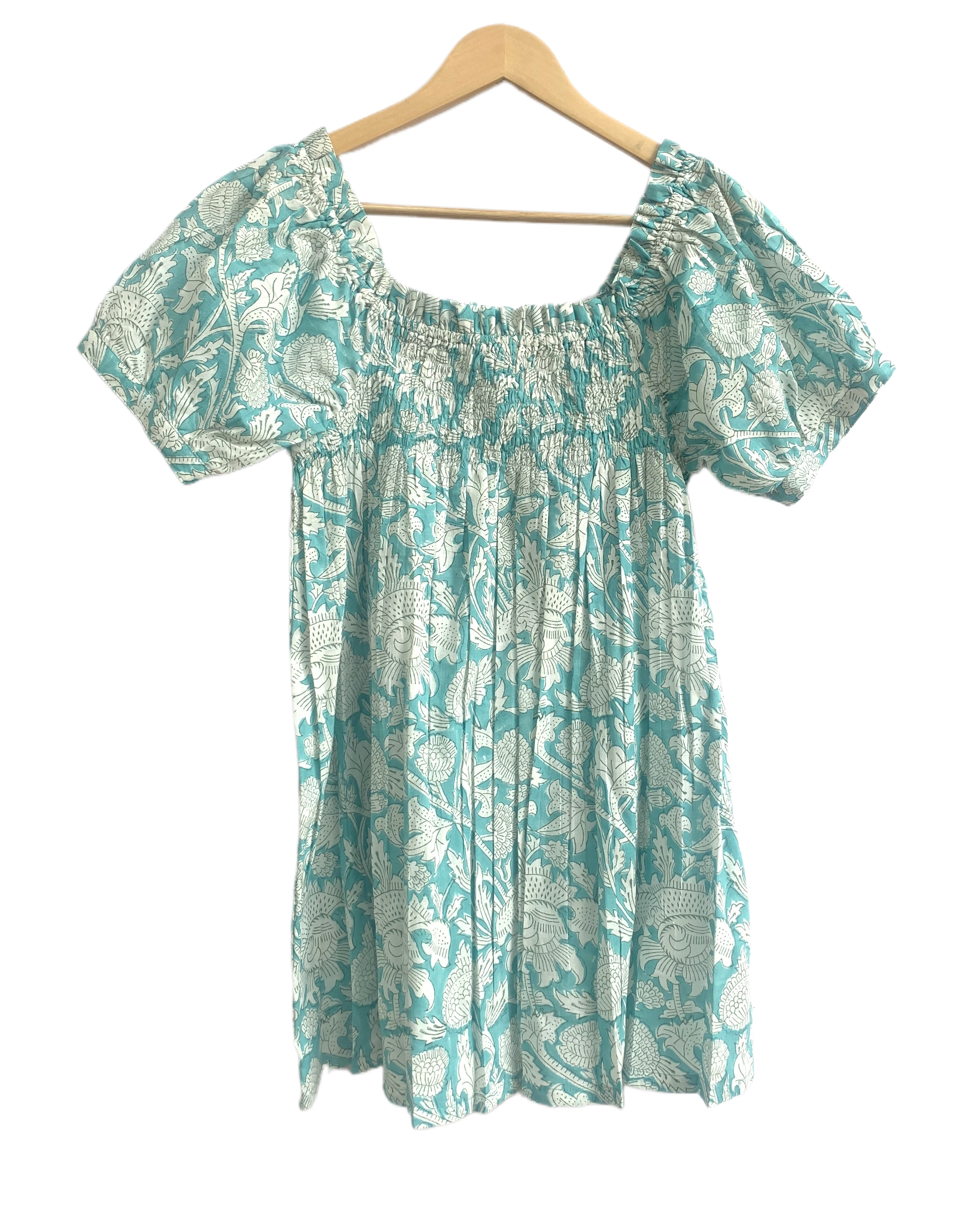 Blue Floral Cotton Short Set - Smocked Puff Sleeve Top & Pajama Shorts