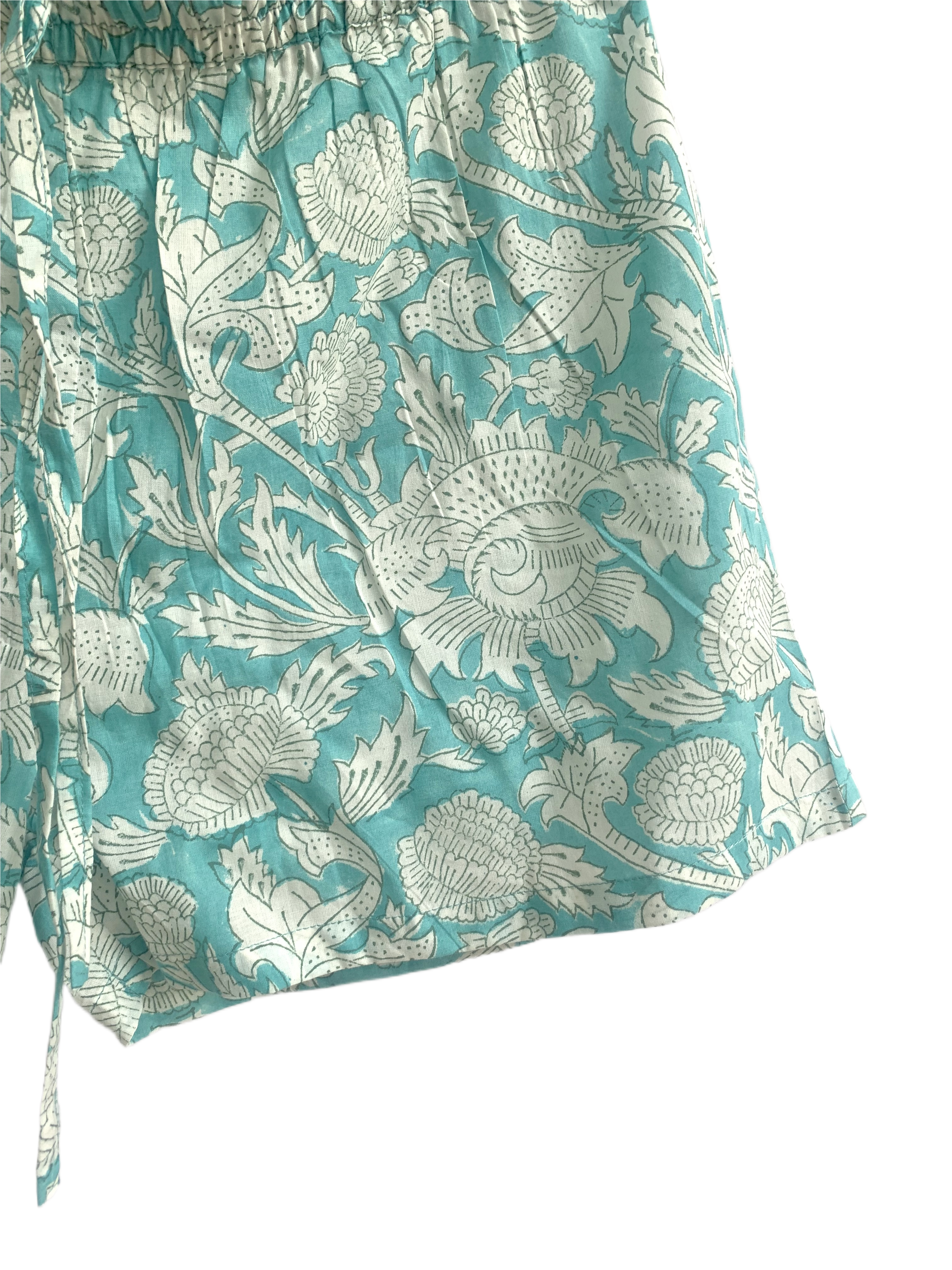 Blue Floral Cotton Short Set - Smocked Puff Sleeve Top & Pajama Shorts