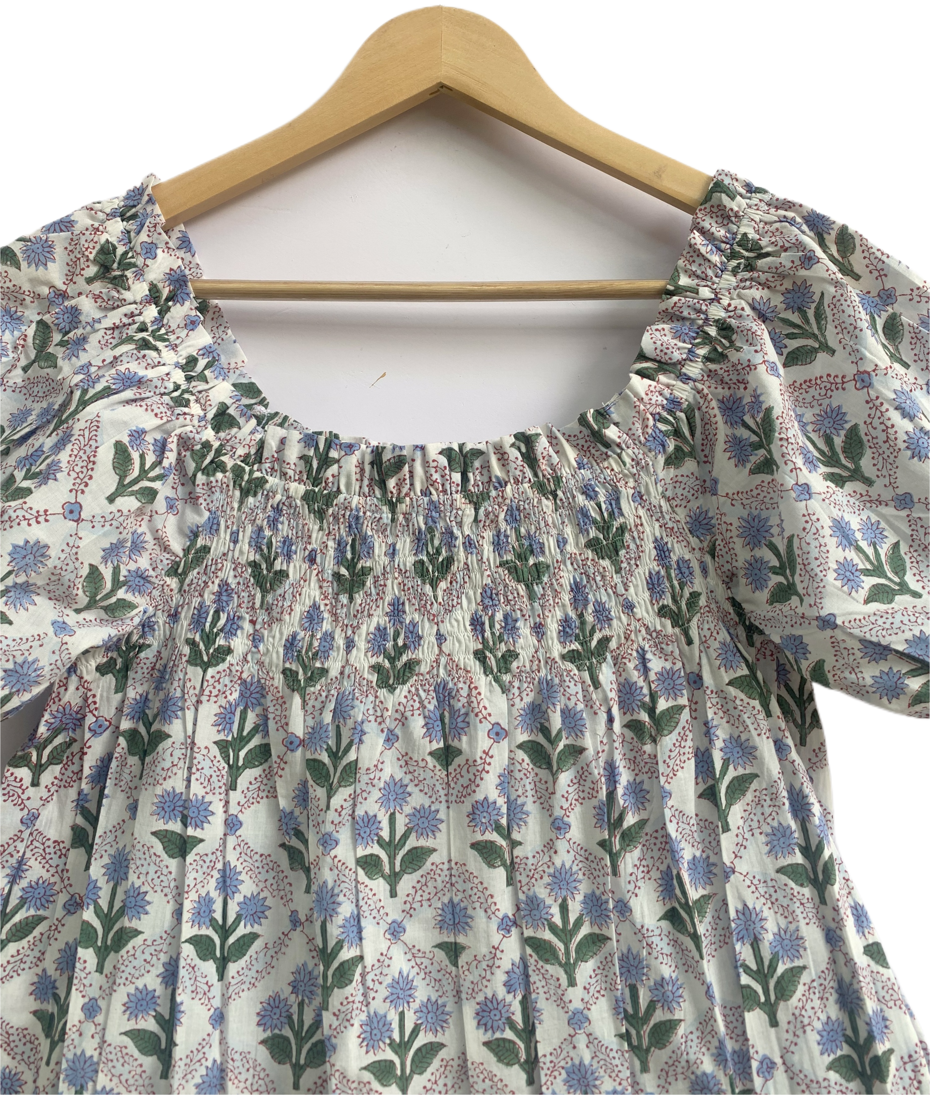 Blue Botanical Cotton Two-Piece Set - Puff Sleeve Top & Pajama Shorts