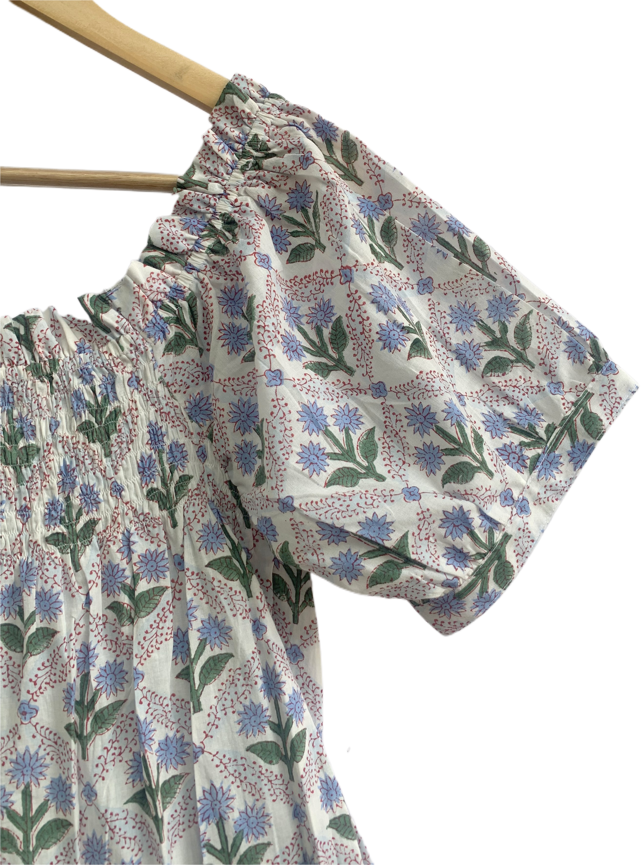 Blue Botanical Cotton Two-Piece Set - Puff Sleeve Top & Pajama Shorts