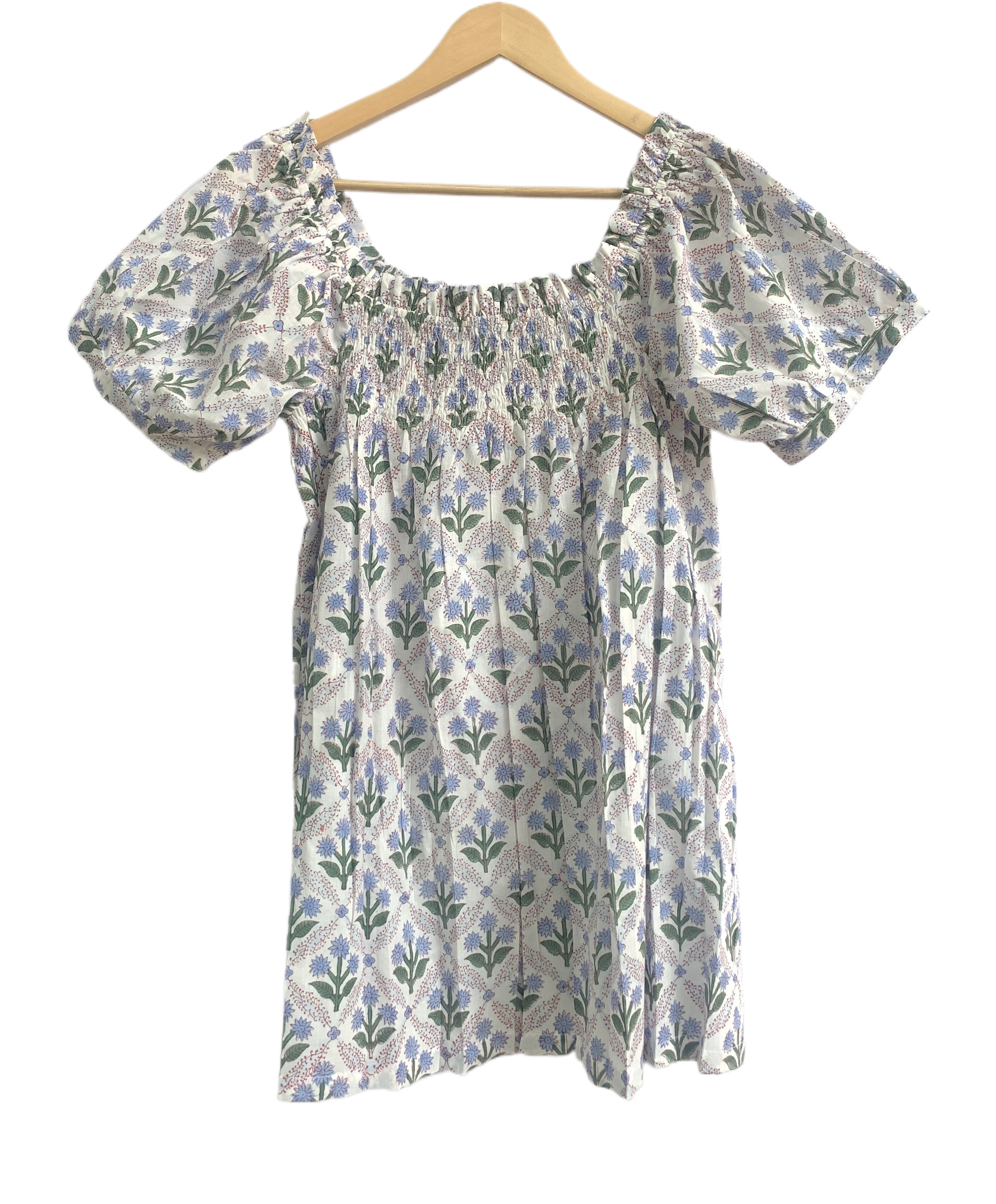 Blue Botanical Cotton Two-Piece Set - Puff Sleeve Top & Pajama Shorts