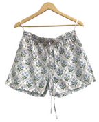 Blue Botanical Cotton Two-Piece Set - Puff Sleeve Top & Pajama Shorts
