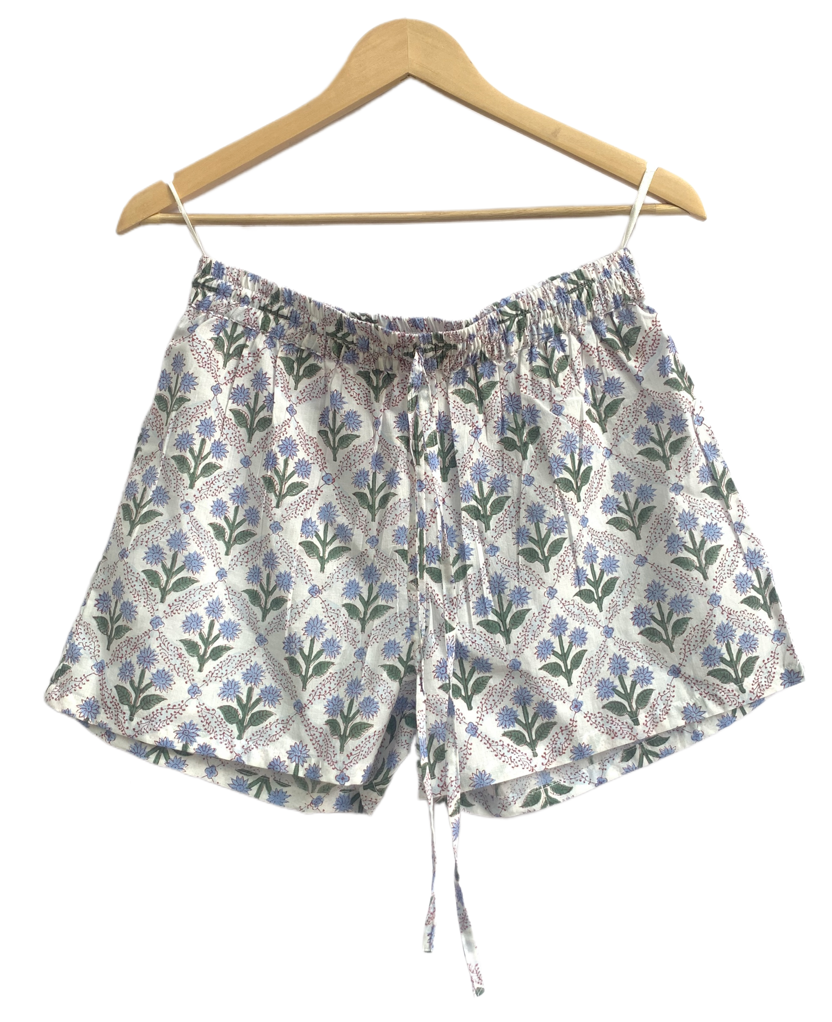 Blue Botanical Cotton Two-Piece Set - Puff Sleeve Top & Pajama Shorts