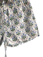 Blue Botanical Cotton Two-Piece Set - Puff Sleeve Top & Pajama Shorts