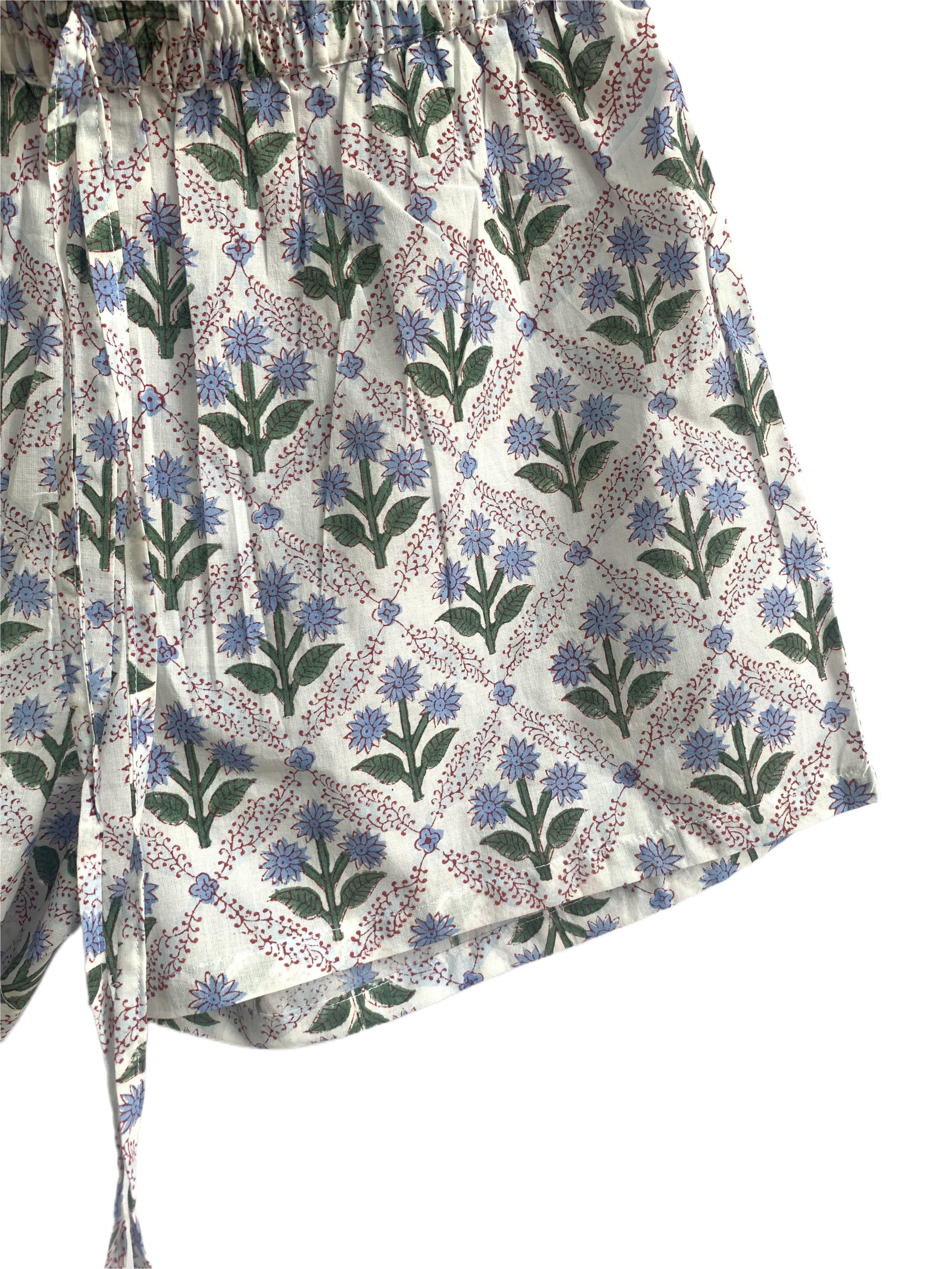 Blue Botanical Cotton Two-Piece Set - Puff Sleeve Top & Pajama Shorts