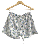Blue Botanical Cotton Two-Piece Set - Puff Sleeve Top & Pajama Shorts
