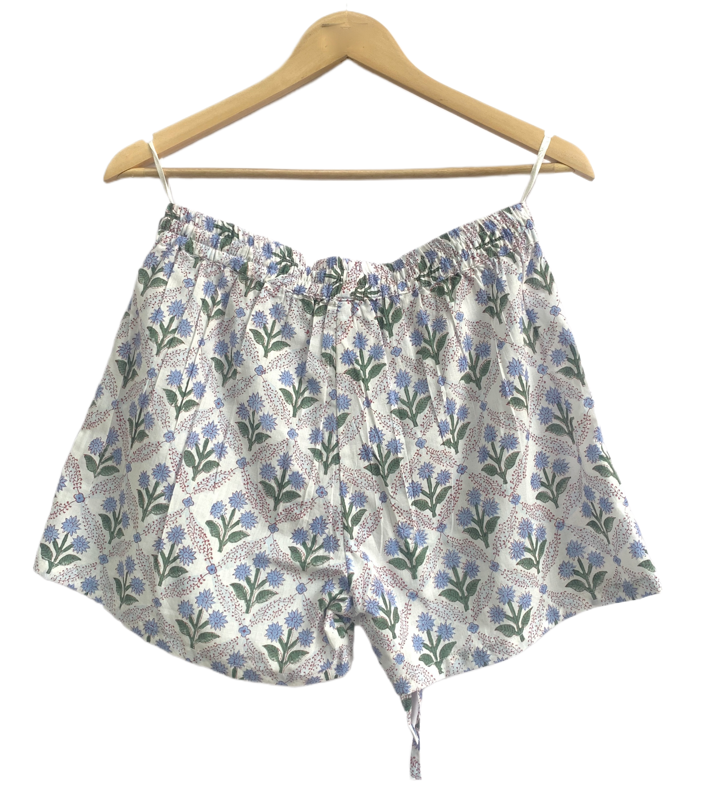 Blue Botanical Cotton Two-Piece Set - Puff Sleeve Top & Pajama Shorts