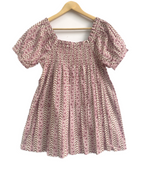 Dusty Rose Hand Block Print Cotton Pajama Set for Women - Smocked Puff Sleeve Top & Lounge Shorts