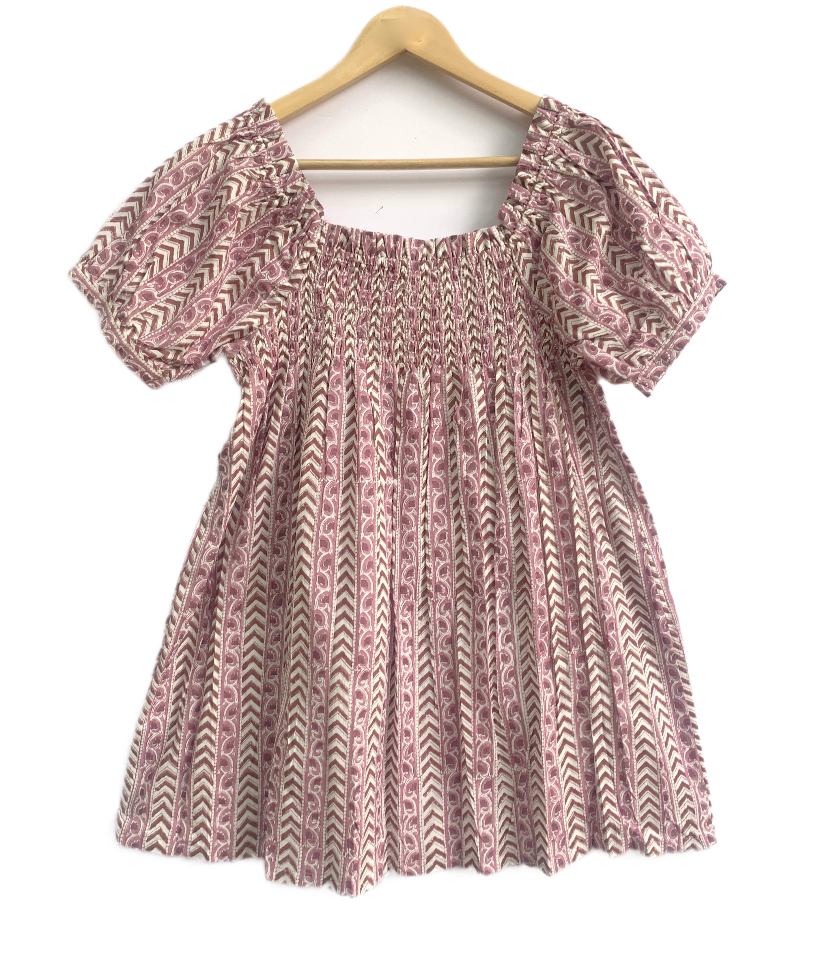 Dusty Rose Hand Block Print Cotton Pajama Set for Women - Smocked Puff Sleeve Top & Lounge Shorts