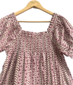 Dusty Rose Hand Block Print Cotton Pajama Set for Women - Smocked Puff Sleeve Top & Lounge Shorts