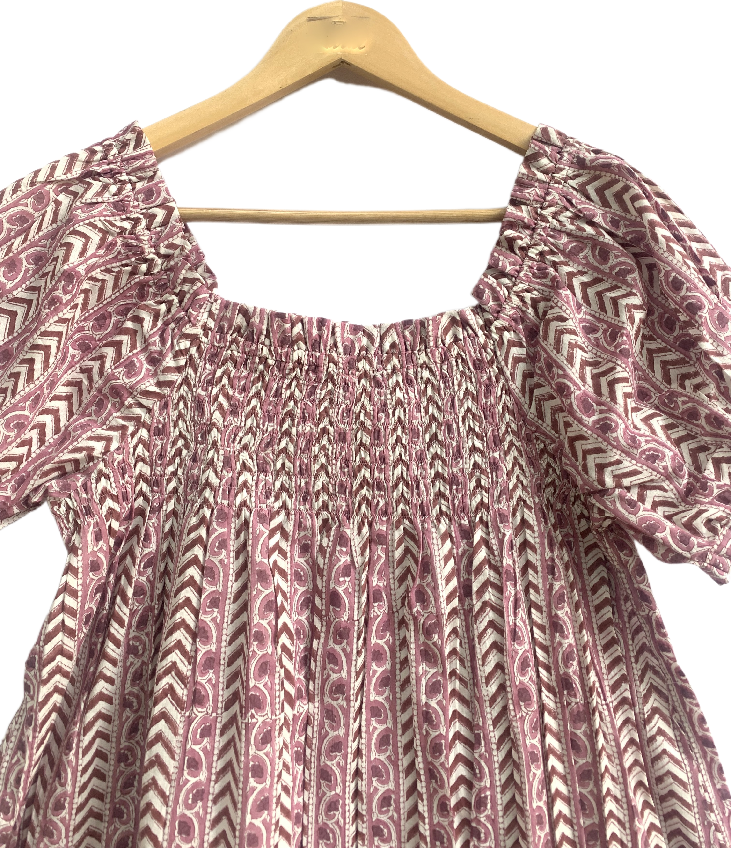 Dusty Rose Hand Block Print Cotton Pajama Set for Women - Smocked Puff Sleeve Top & Lounge Shorts