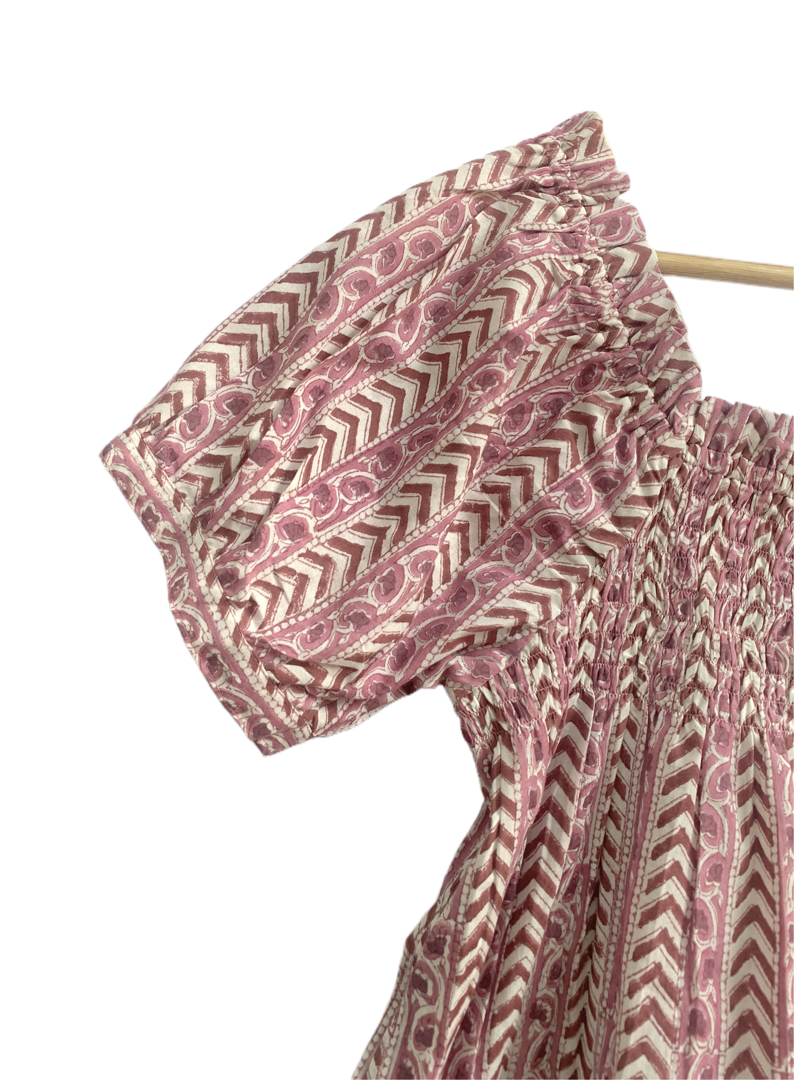 Dusty Rose Hand Block Print Cotton Pajama Set for Women - Smocked Puff Sleeve Top & Lounge Shorts