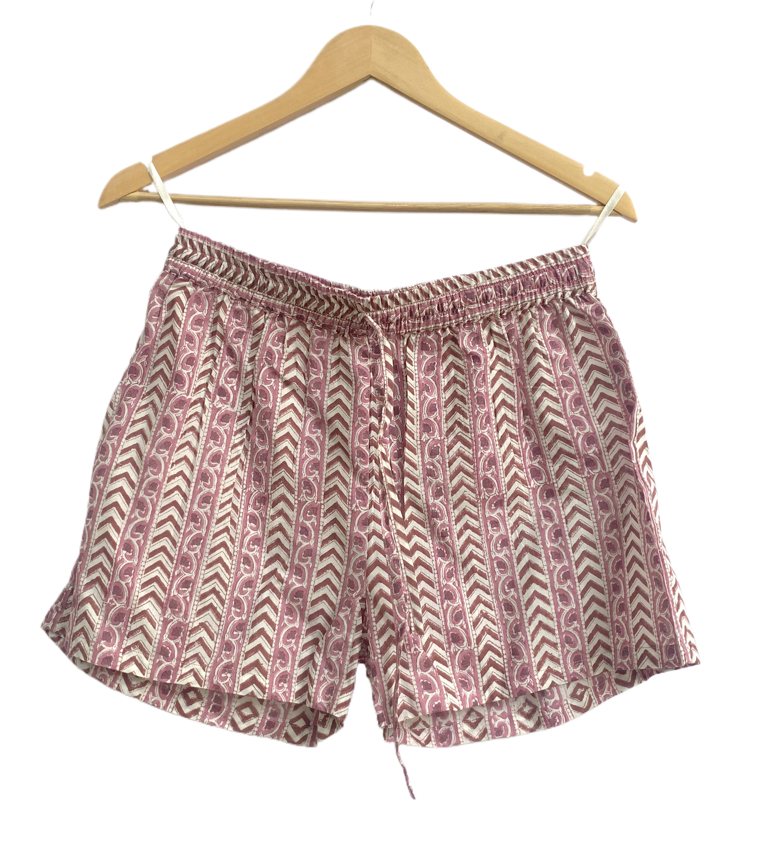 Dusty Rose Hand Block Print Cotton Pajama Set for Women - Smocked Puff Sleeve Top & Lounge Shorts