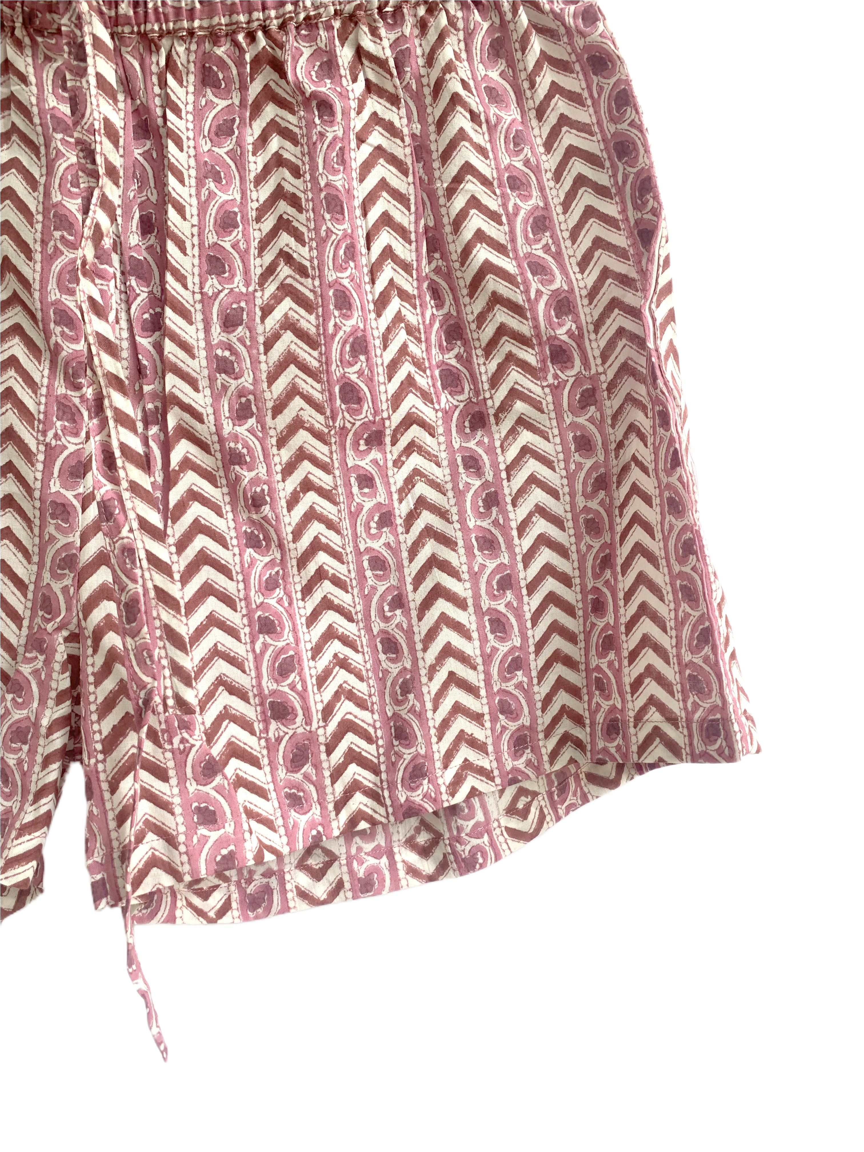 Dusty Rose Hand Block Print Cotton Pajama Set for Women - Smocked Puff Sleeve Top & Lounge Shorts