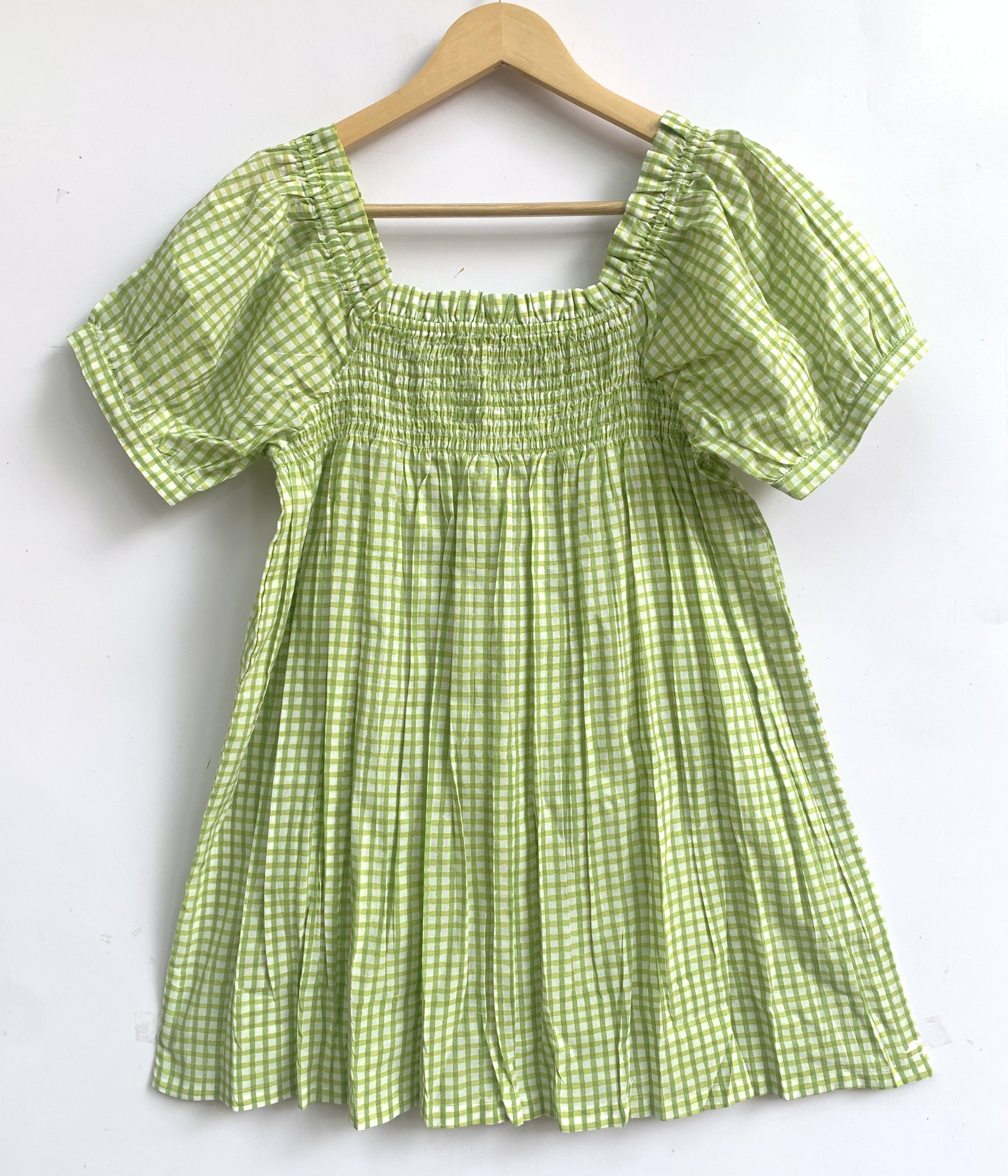 Green Gingham Cotton Lounge Set - Smocked Square Neck Top & Pajama Short