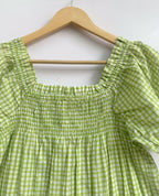 Green Gingham Cotton Lounge Set - Smocked Square Neck Top & Pajama Short