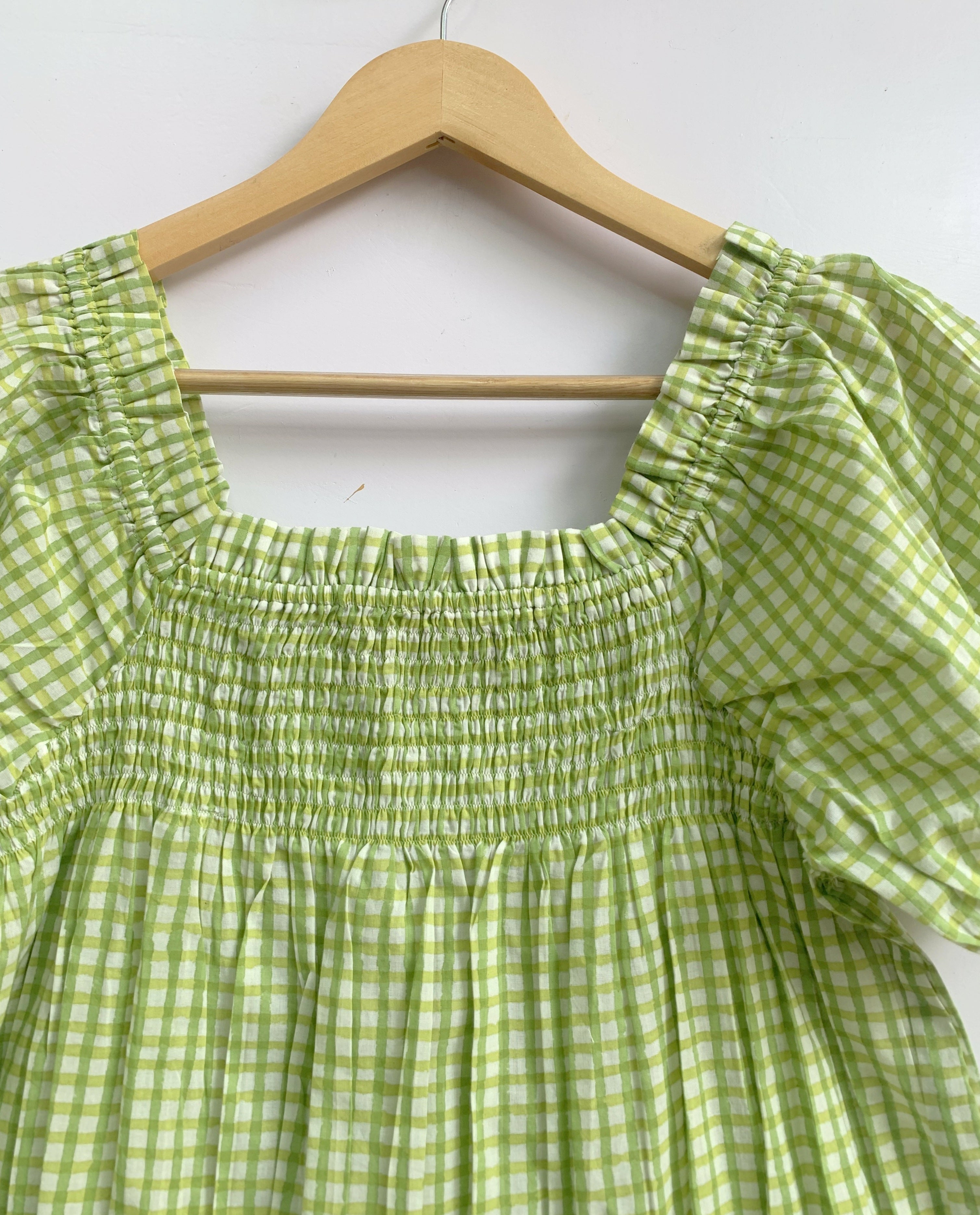 Green Gingham Cotton Lounge Set - Smocked Square Neck Top & Pajama Short
