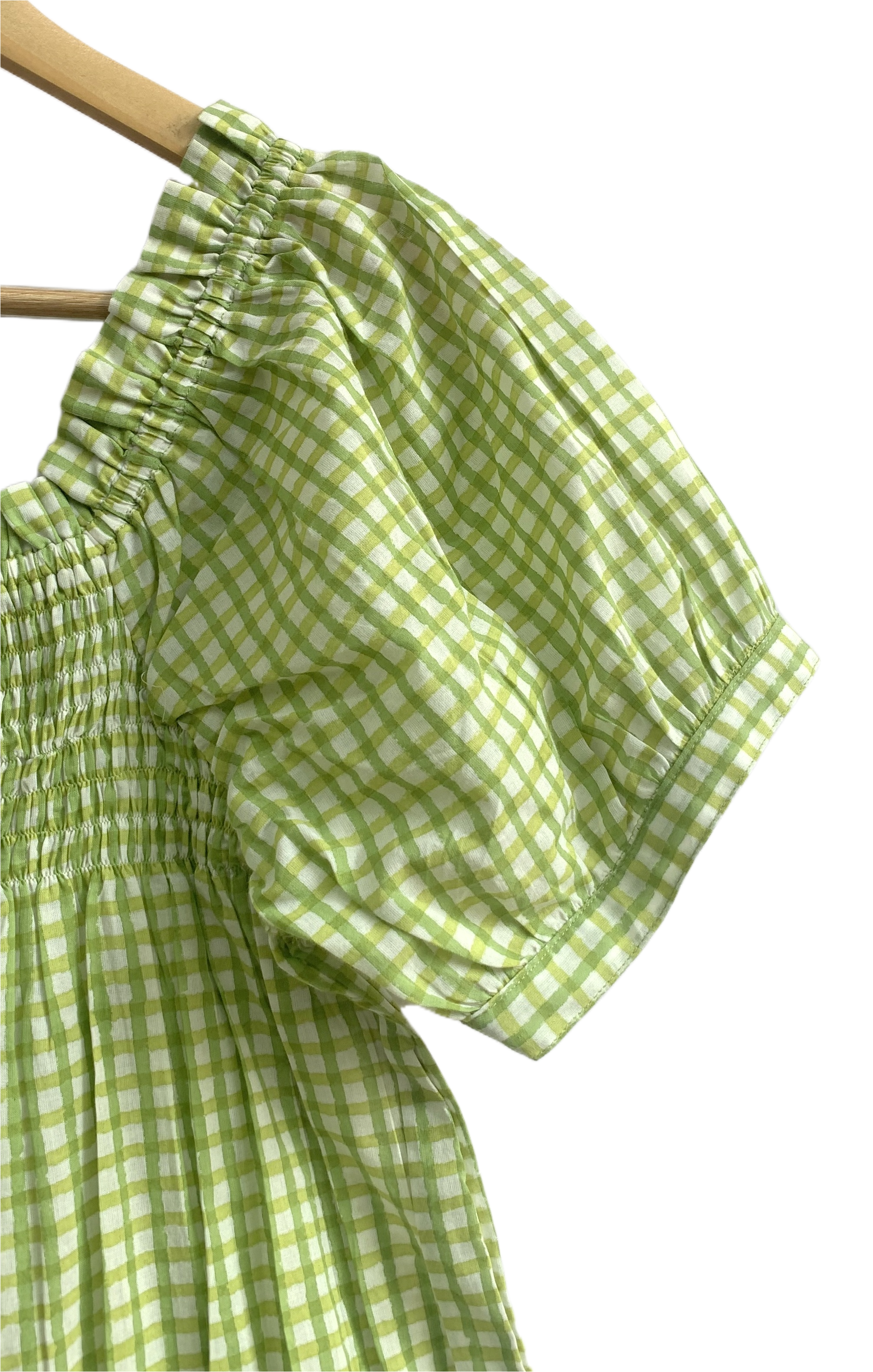 Green Gingham Cotton Lounge Set - Smocked Square Neck Top & Pajama Short