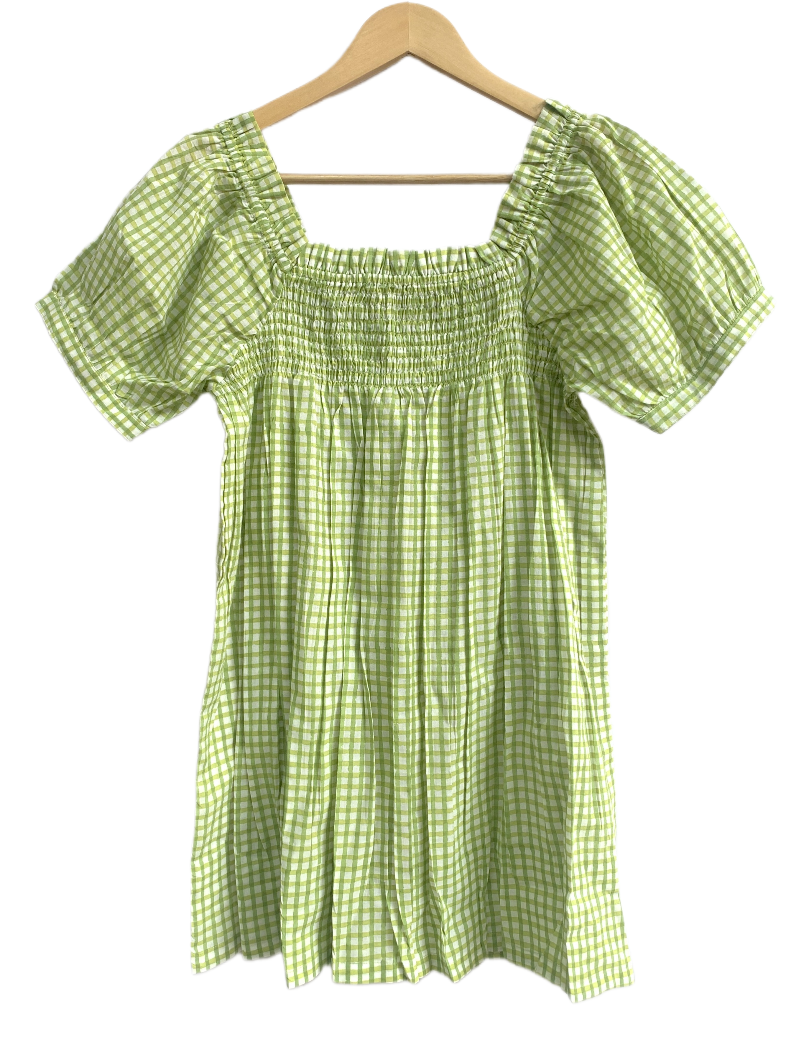Green Gingham Cotton Lounge Set - Smocked Square Neck Top & Pajama Short