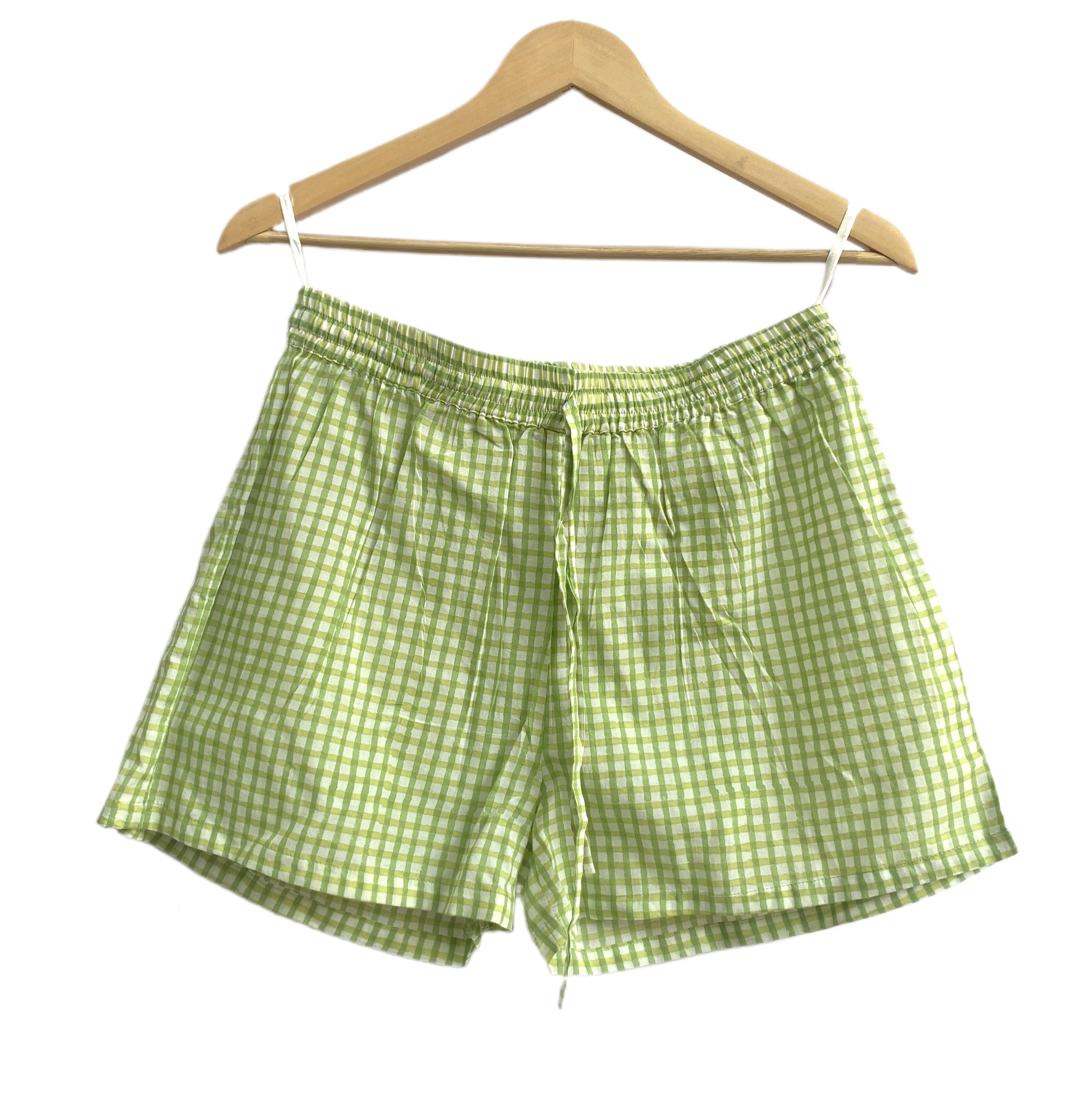 Green Gingham Cotton Lounge Set - Smocked Square Neck Top & Pajama Short