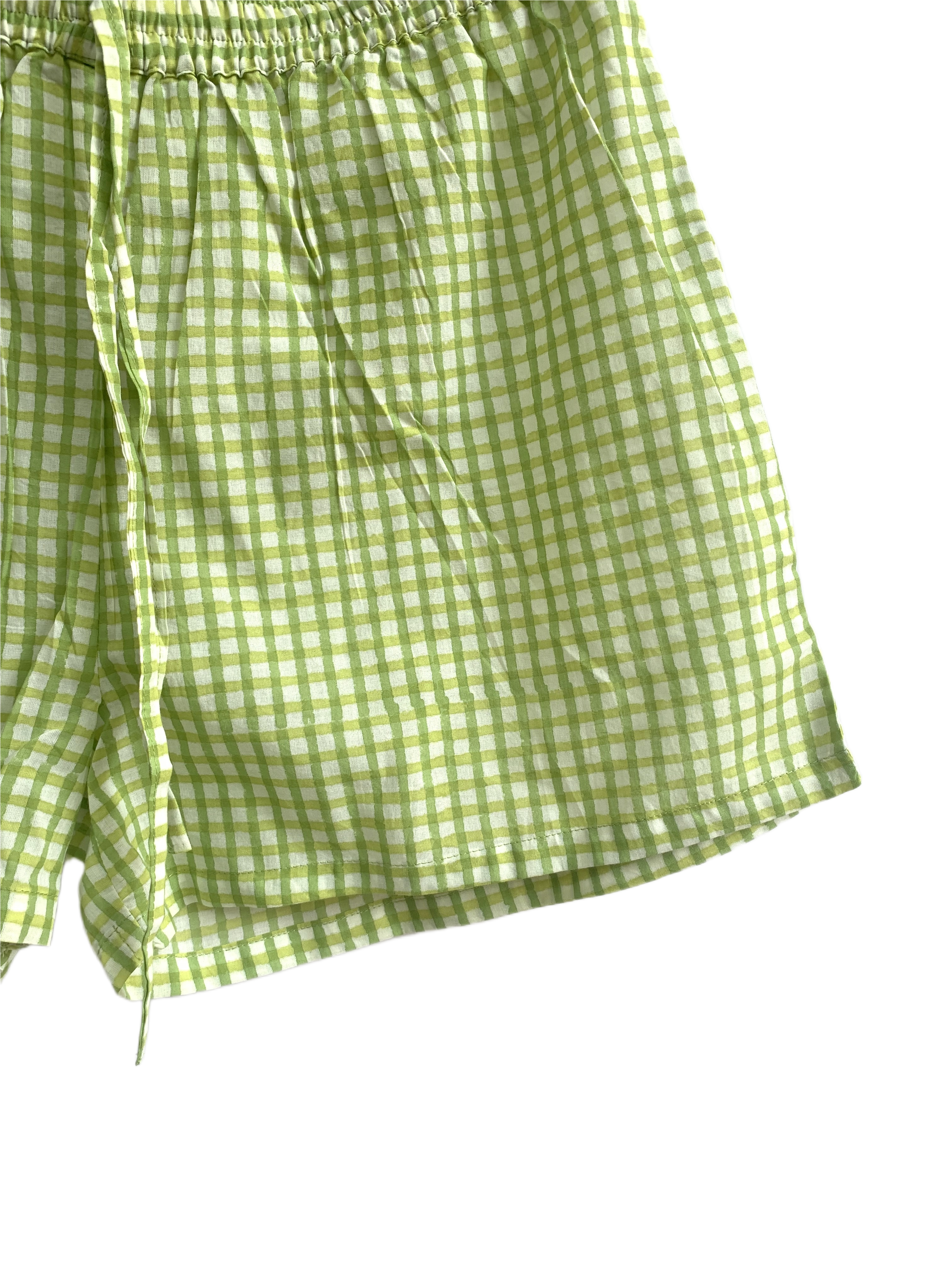 Green Gingham Cotton Lounge Set - Smocked Square Neck Top & Pajama Short