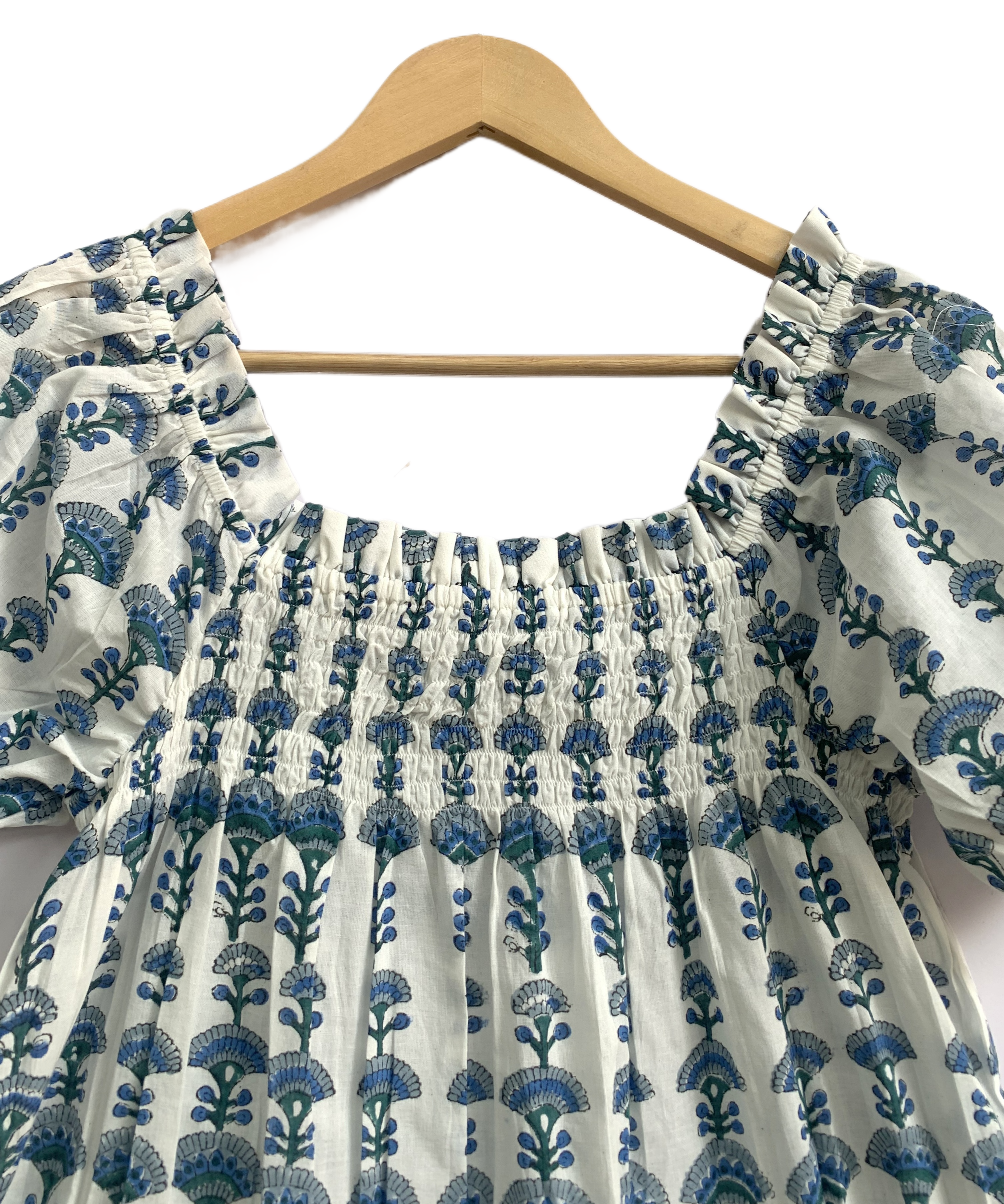 Blue Floral Cotton Lounge Set | Smocked Square Neck Top & Pajama Shorts
