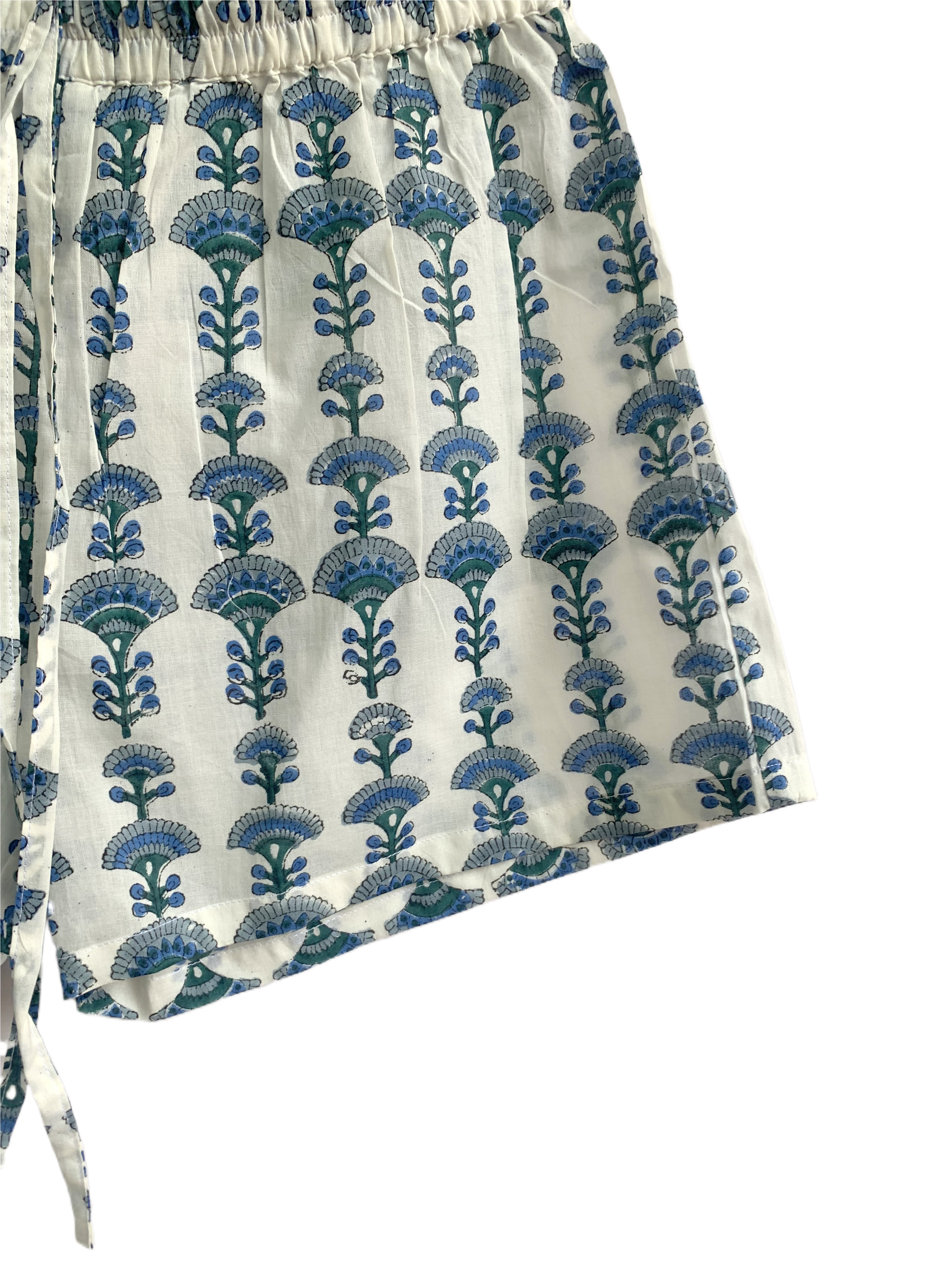 Blue Floral Cotton Lounge Set | Smocked Square Neck Top & Pajama Shorts