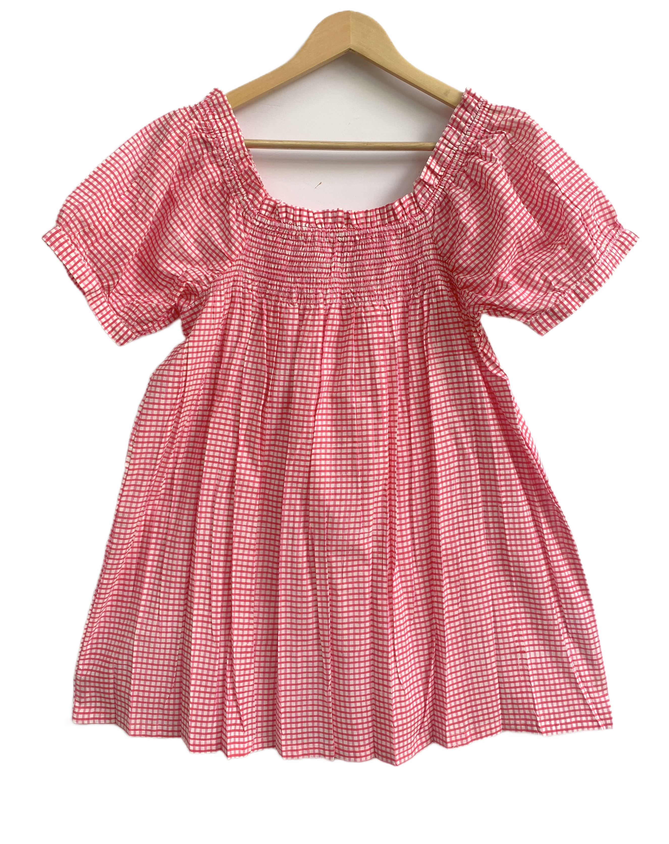 Pink Check Cotton Lounge Set - Smocked Square Neck Top & Pajama Shorts