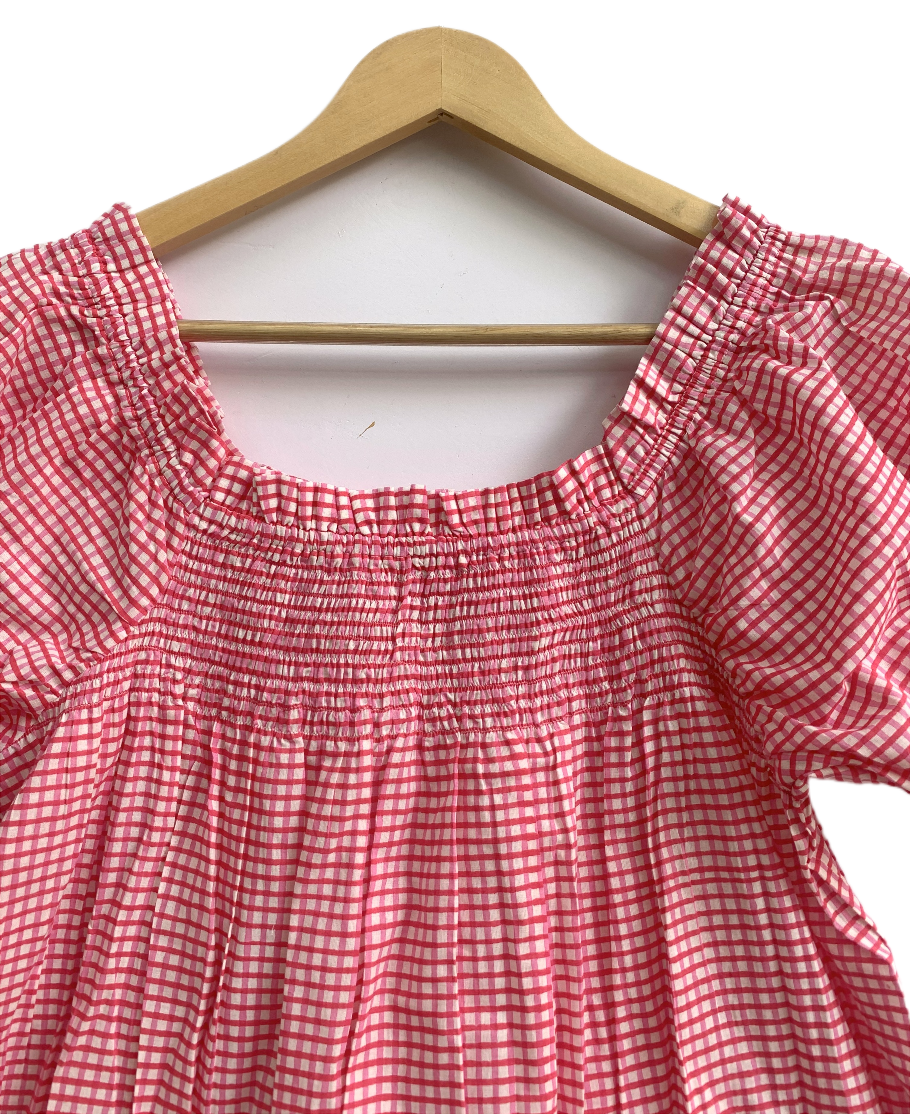 Pink Check Cotton Lounge Set - Smocked Square Neck Top & Pajama Shorts